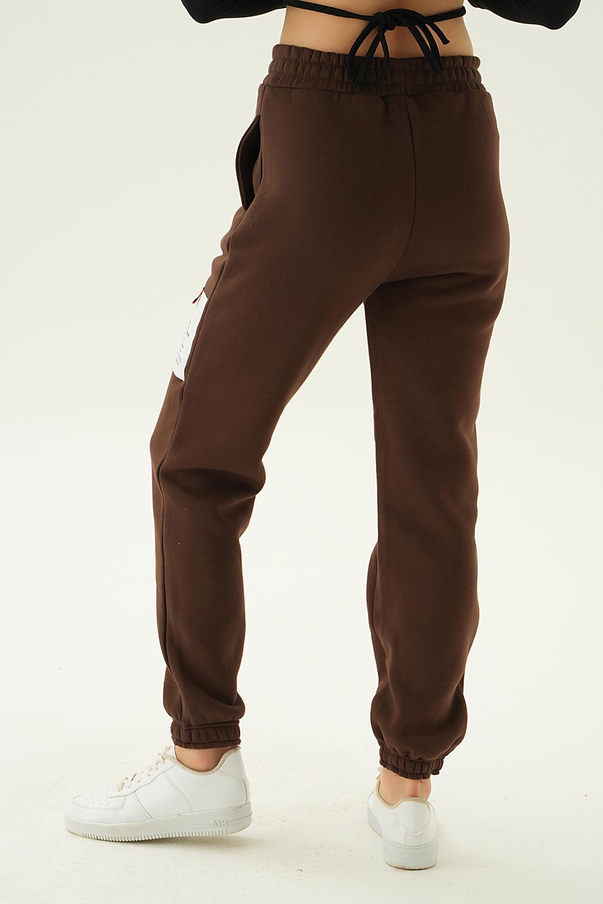 3058 Baskılı Cepli Eşofman Kahve - 4