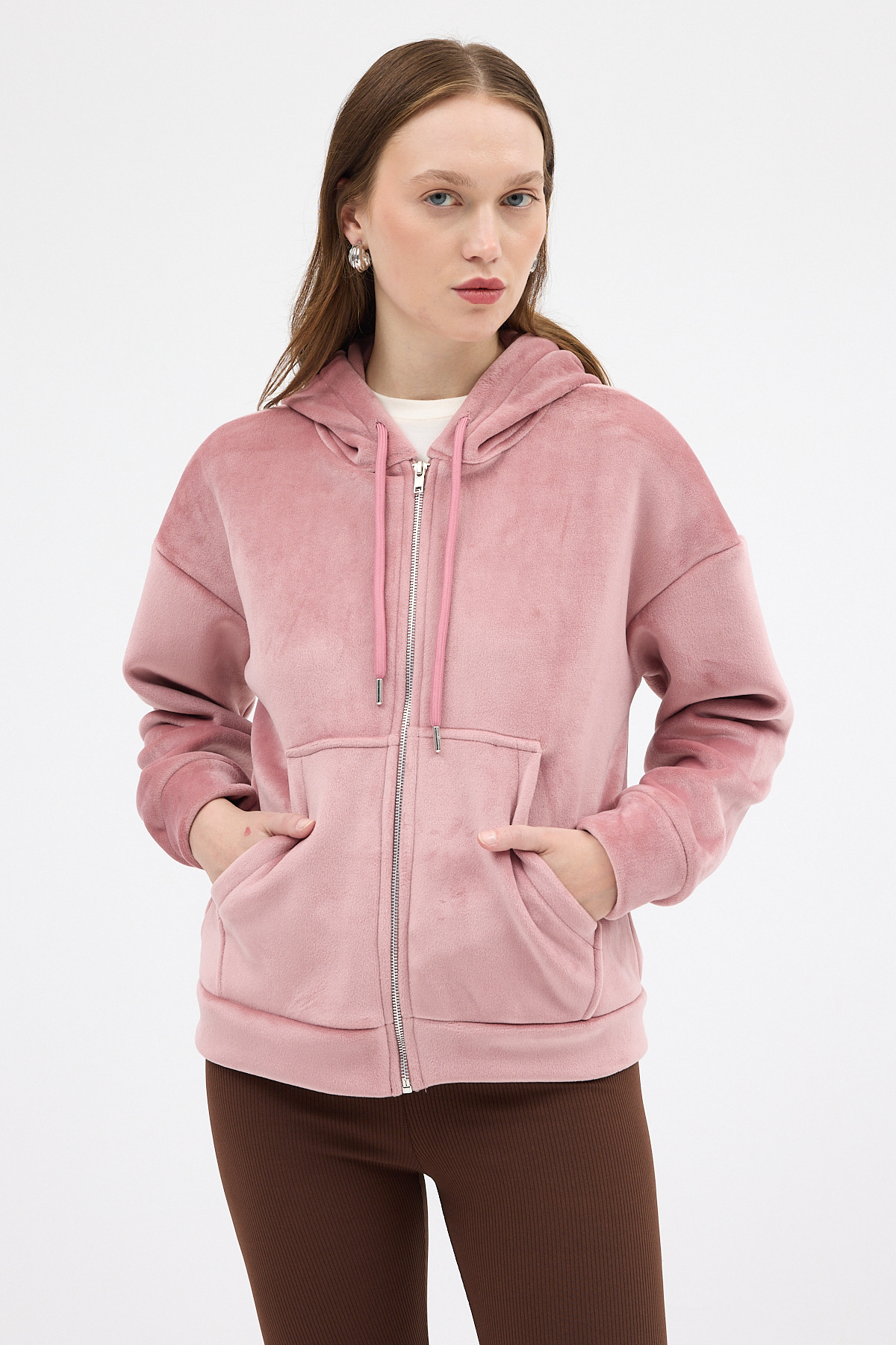 Pembe Kadın Fermuarlı Kapüşonlu Sweatshirt 3059A - RAYS