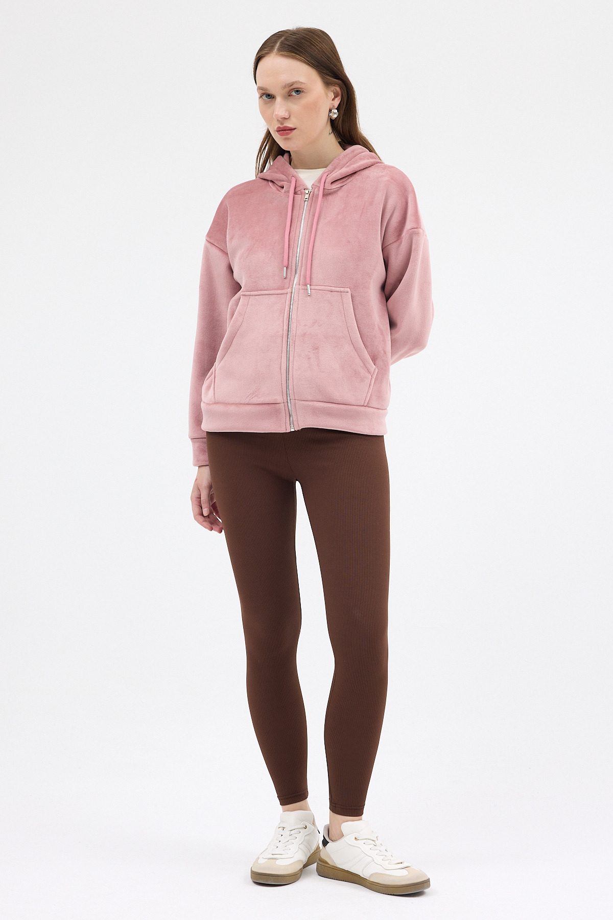 Pembe Kadın Fermuarlı Kapüşonlu Sweatshirt 3059A - 3