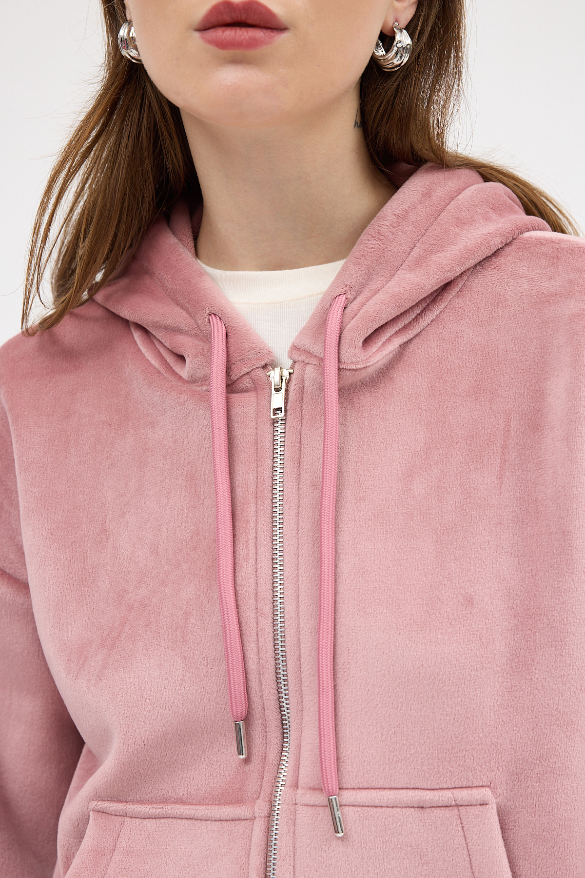 Pembe Kadın Fermuarlı Kapüşonlu Sweatshirt 3059A - 4