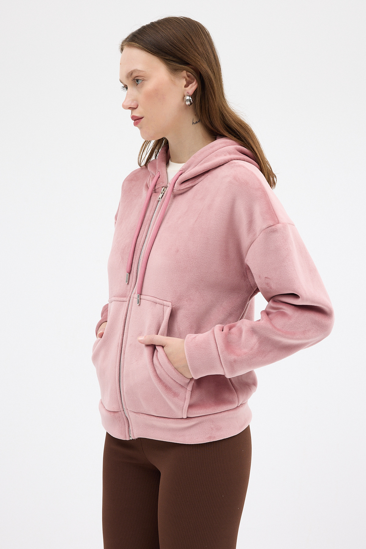 Pembe Kadın Fermuarlı Kapüşonlu Sweatshirt 3059A - 6