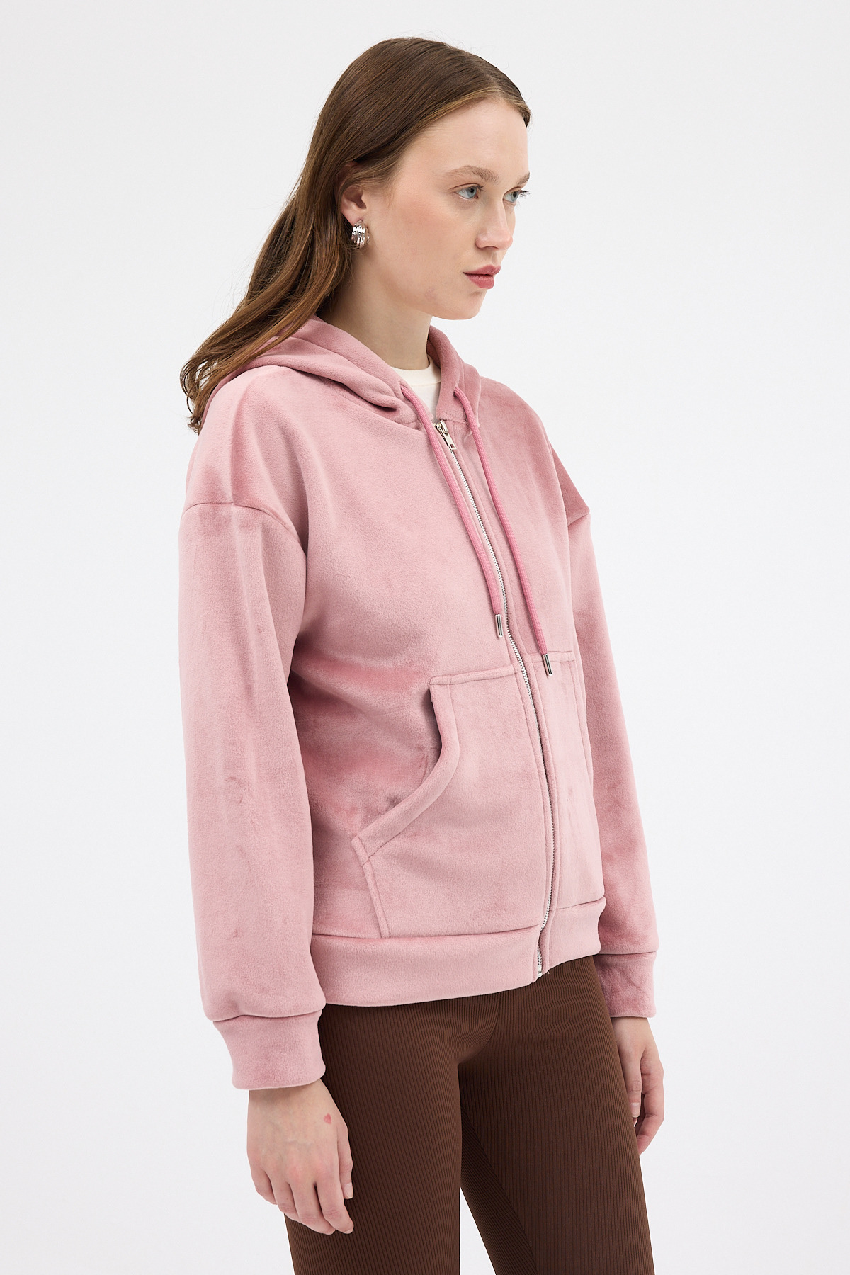 Pembe Kadın Fermuarlı Kapüşonlu Sweatshirt 3059A - 2