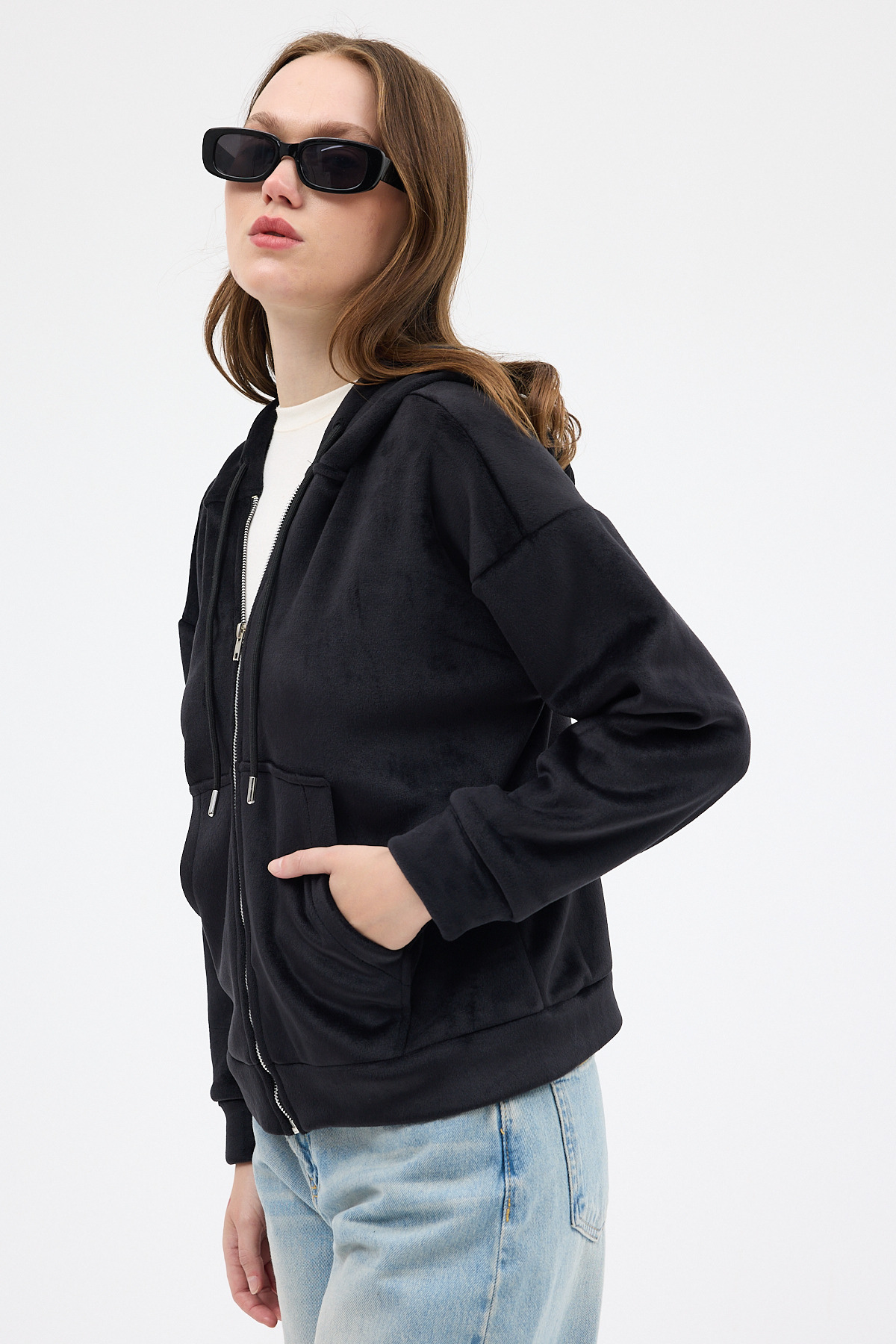 Siyah Kadın Fermuarlı Kapüşonlu Sweatshirt 3059A - 2