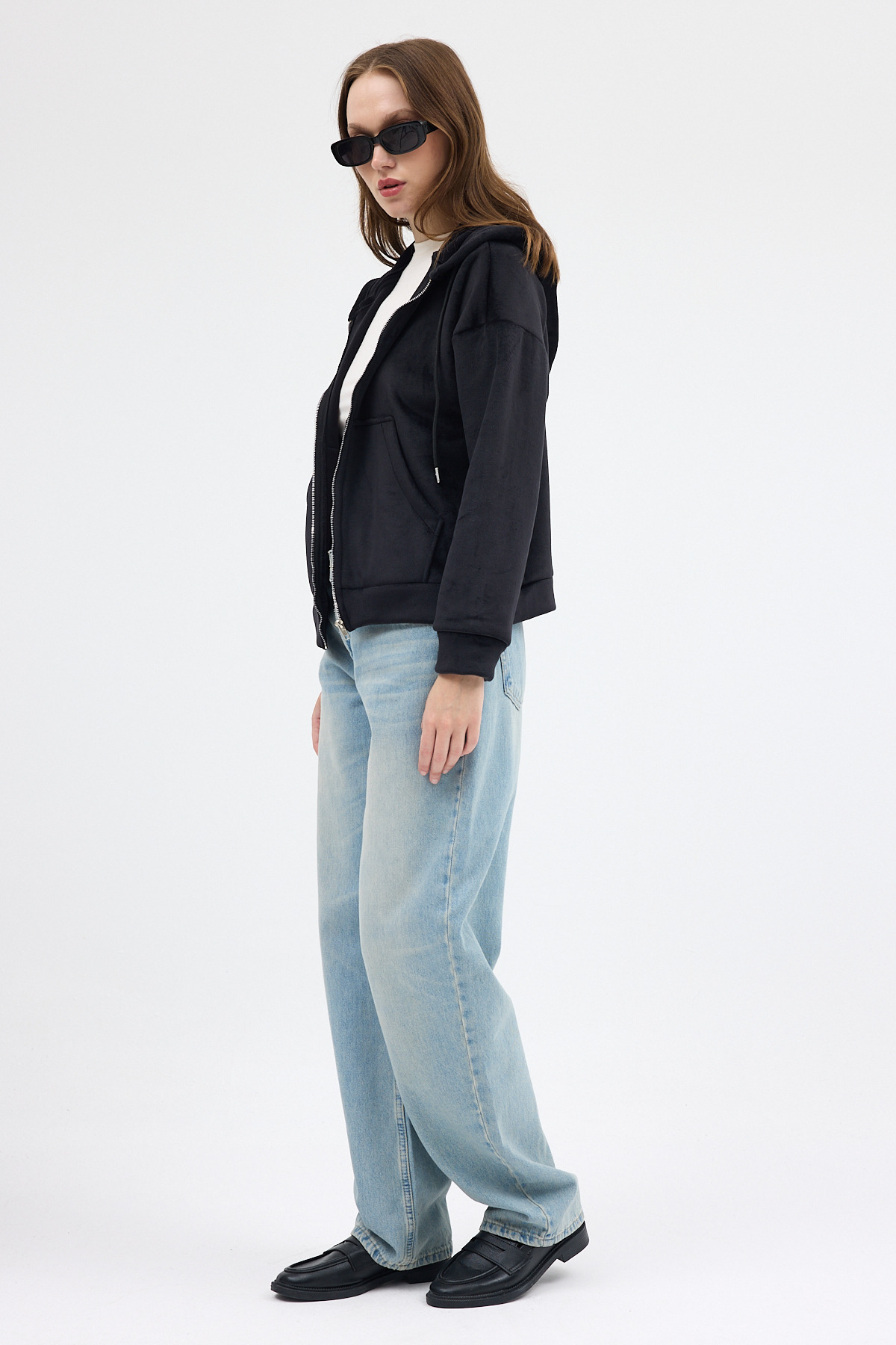 Siyah Kadın Fermuarlı Kapüşonlu Sweatshirt 3059A - 3