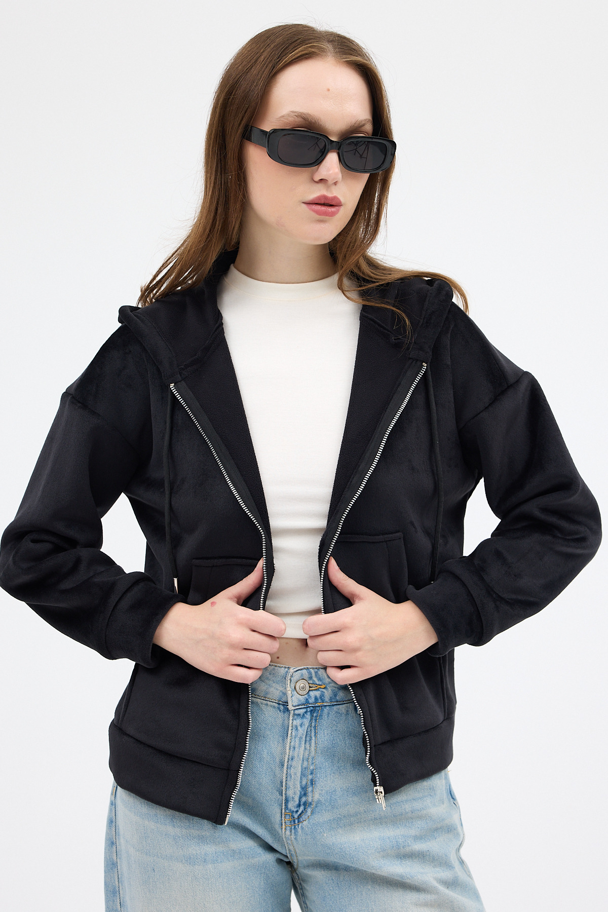 Siyah Kadın Fermuarlı Kapüşonlu Sweatshirt 3059A - 6