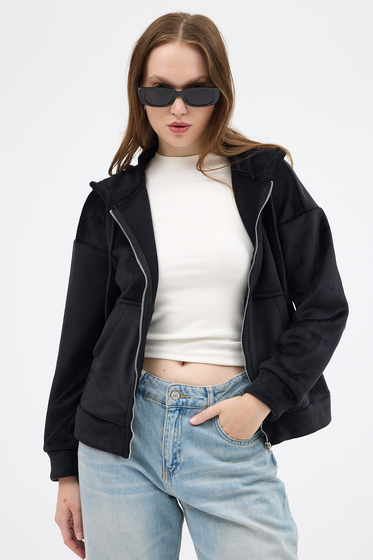 Siyah Kadın Fermuarlı Kapüşonlu Sweatshirt 3059A - 7