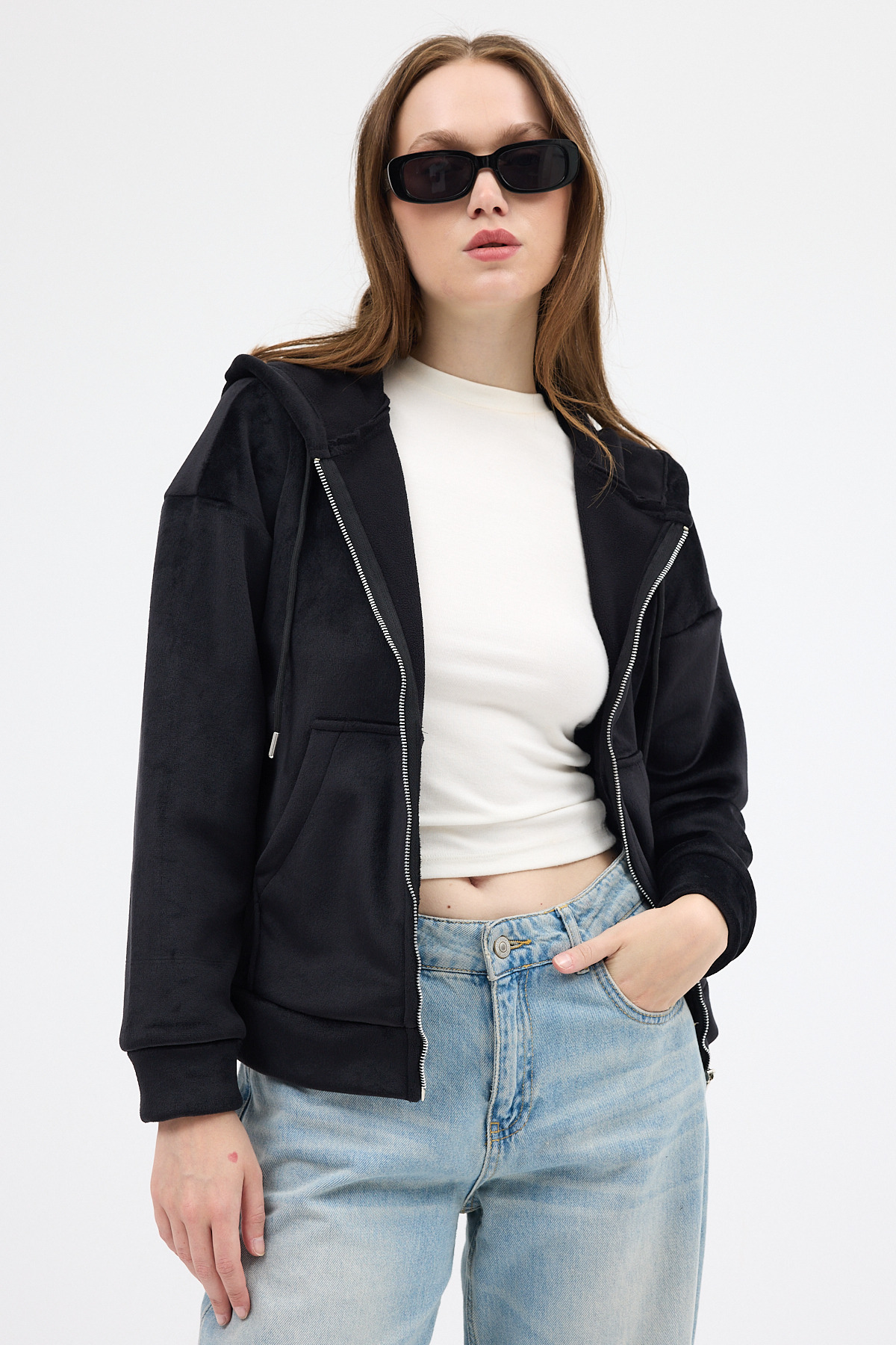 Siyah Kadın Fermuarlı Kapüşonlu Sweatshirt 3059A - 1