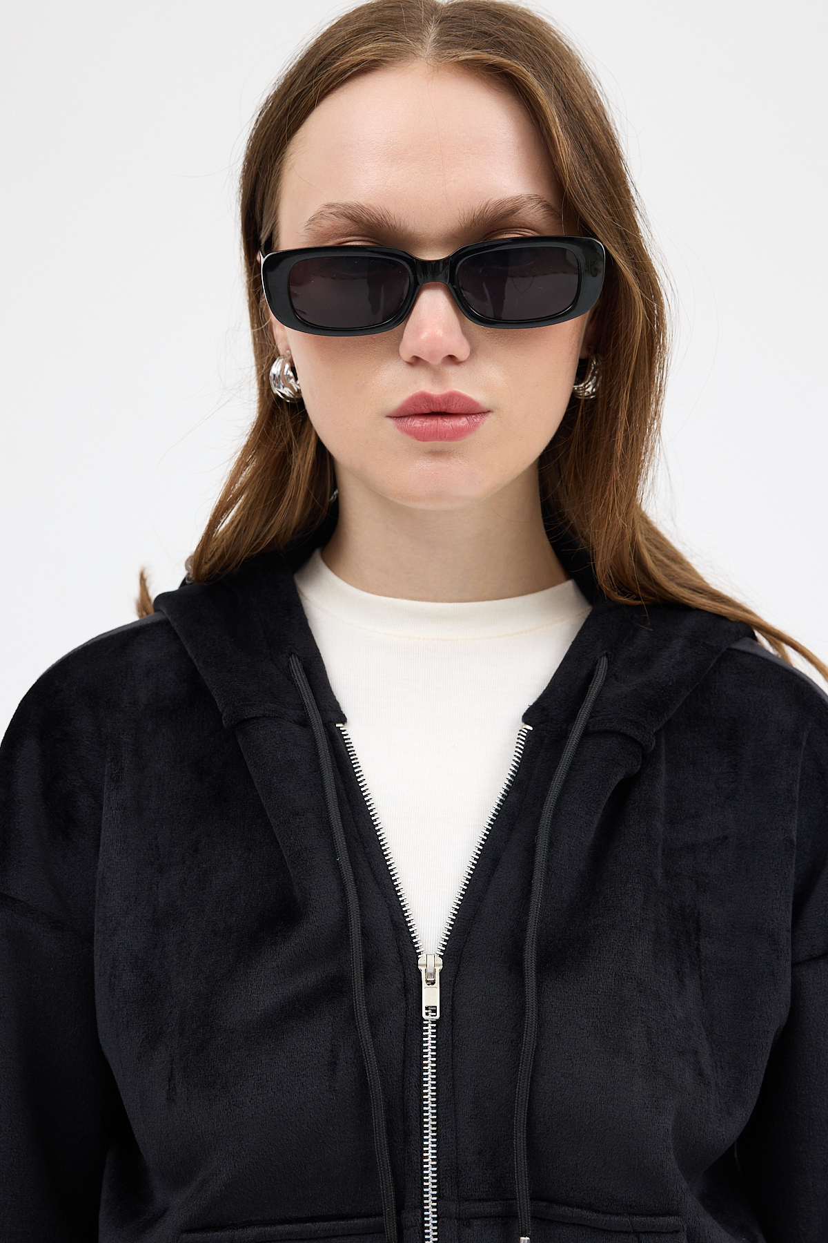 Siyah Kadın Fermuarlı Kapüşonlu Sweatshirt 3059A - 4