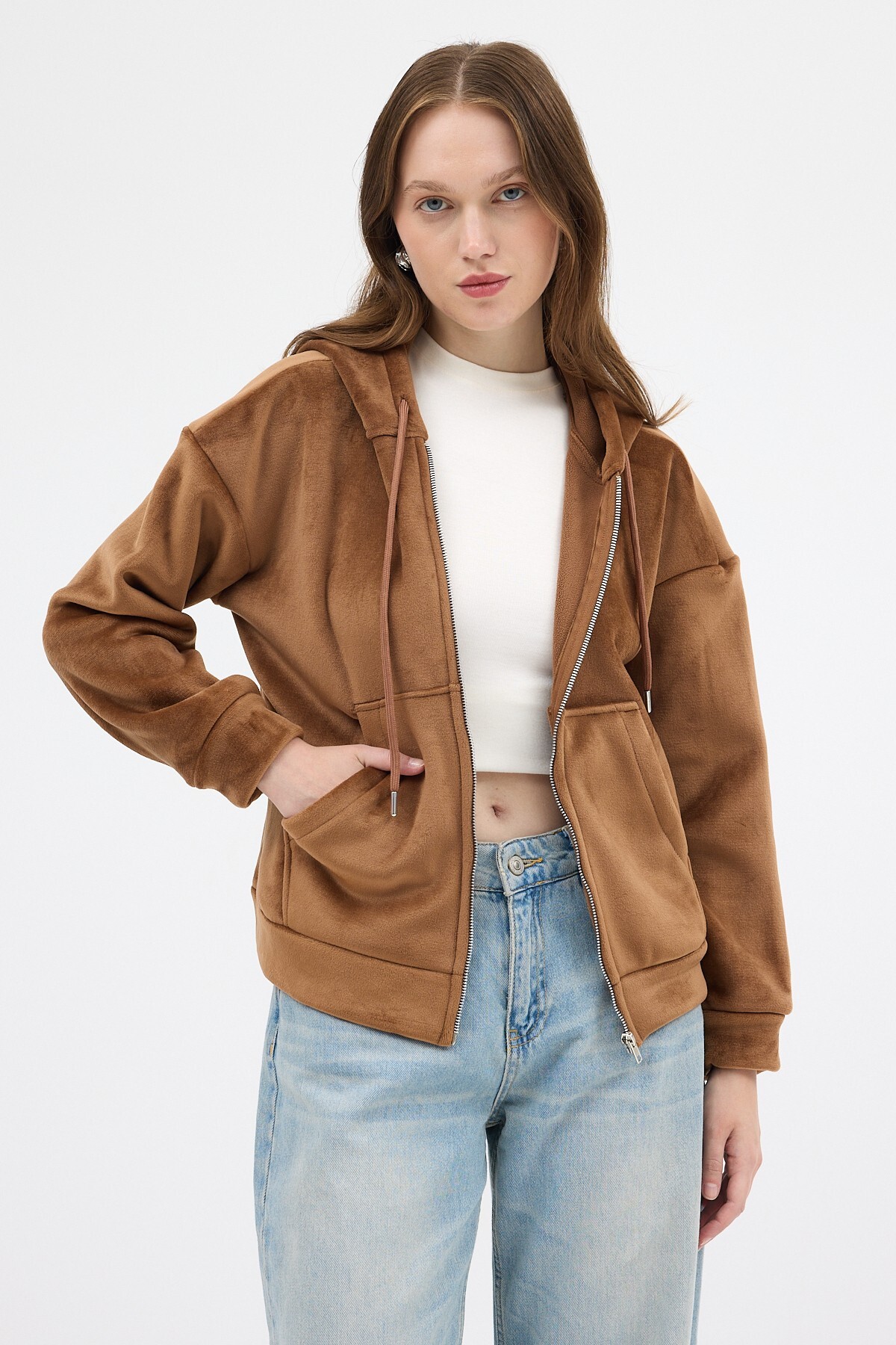 Taba Kadın Fermuarlı Kapüşonlu Sweatshirt 3059A - RAYS