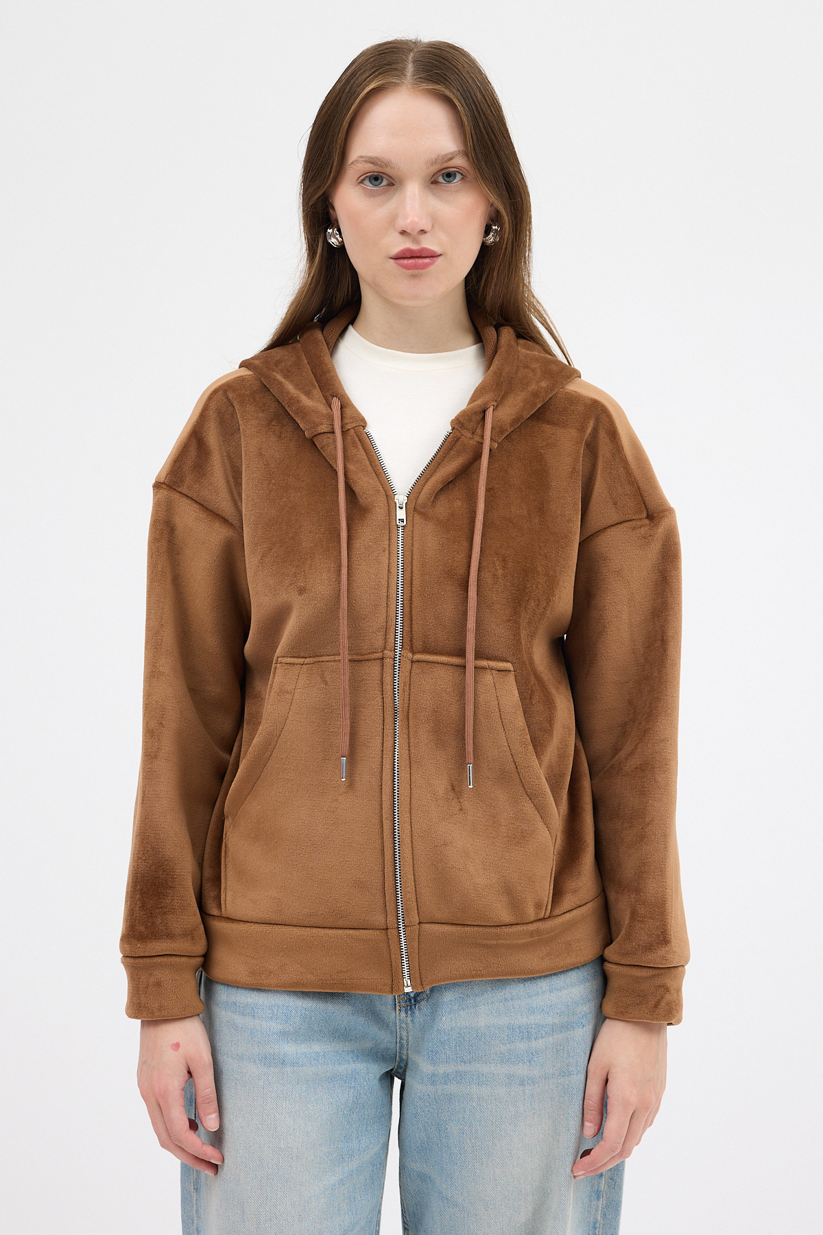 Taba Kadın Fermuarlı Kapüşonlu Sweatshirt 3059A - RAYS