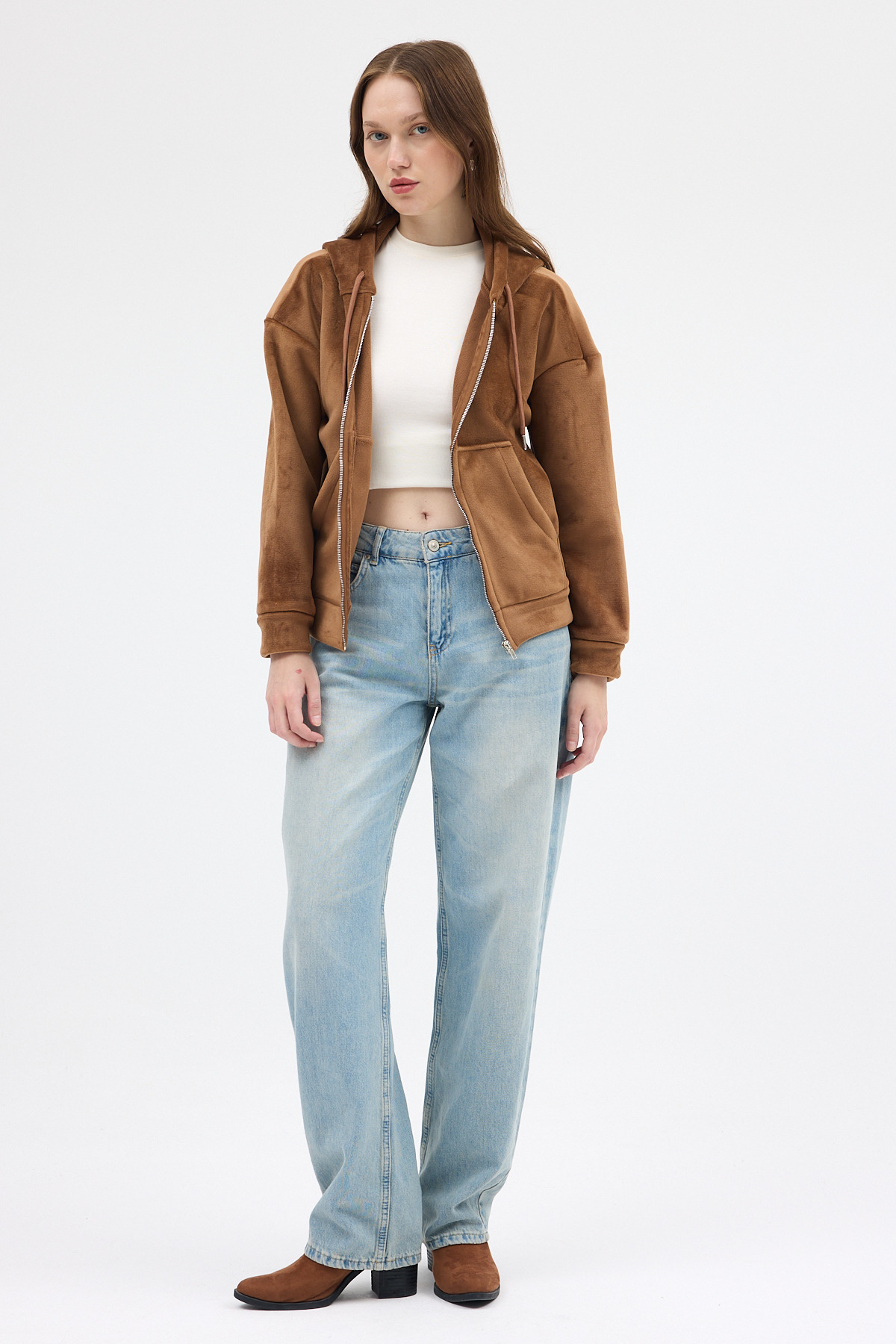 Taba Kadın Fermuarlı Kapüşonlu Sweatshirt 3059A - RAYS