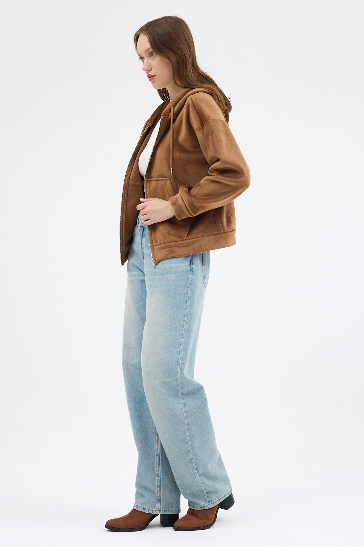 Taba Kadın Fermuarlı Kapüşonlu Sweatshirt 3059A - 6