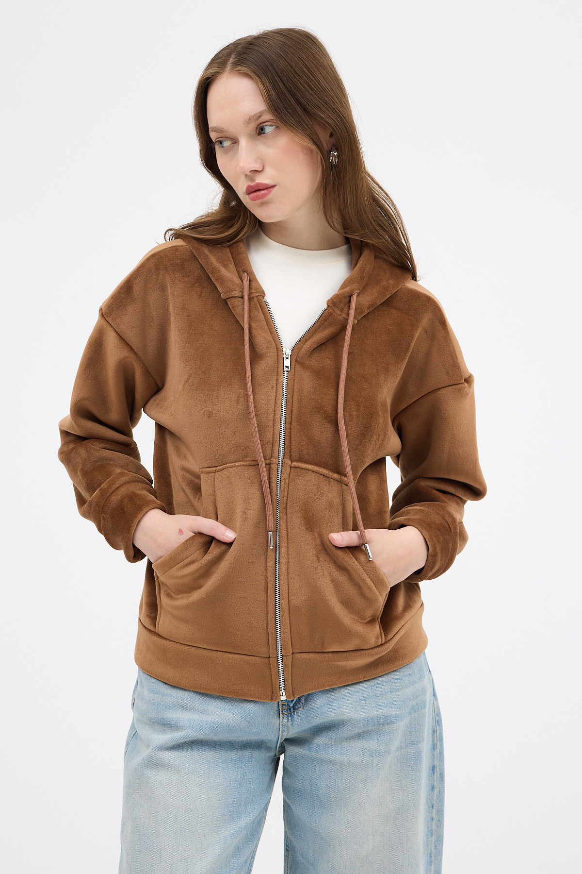 Taba Kadın Fermuarlı Kapüşonlu Sweatshirt 3059A - 7