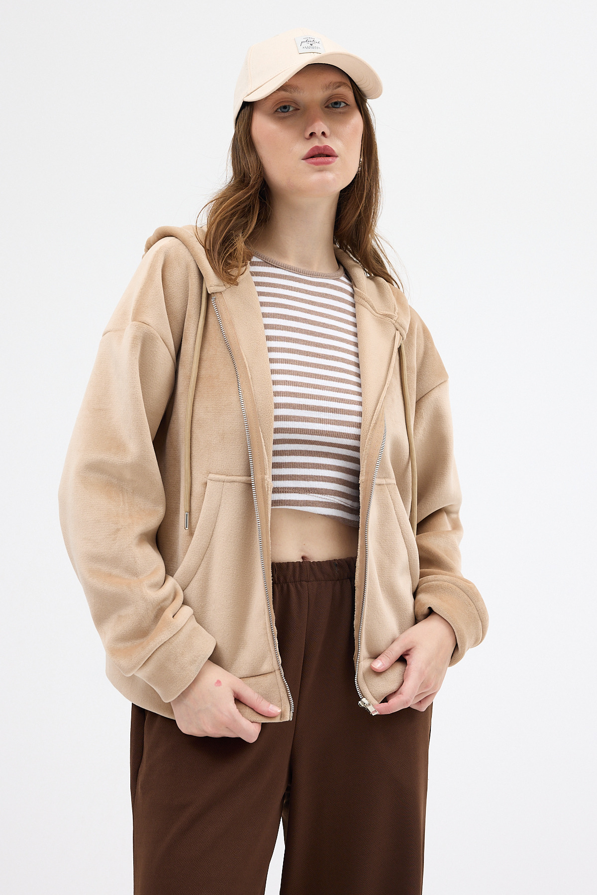 Vizon Kadın Fermuarlı Kapüşonlu Sweatshirt 3059A - RAYS