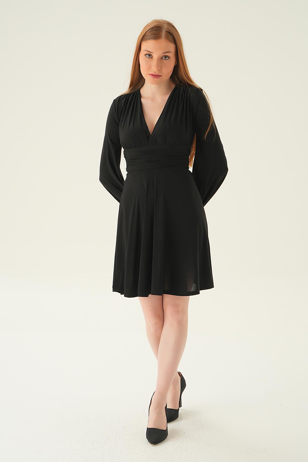 3061 Kruvaze Yaka Kolları Büzgülü Elbise Siyah - 1