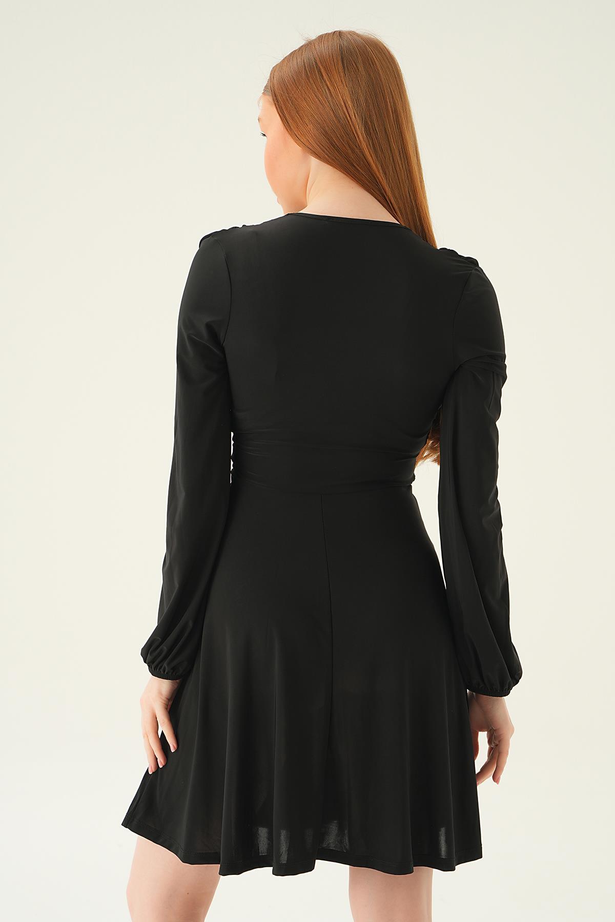 3061 Kruvaze Yaka Kolları Büzgülü Elbise Siyah - 5