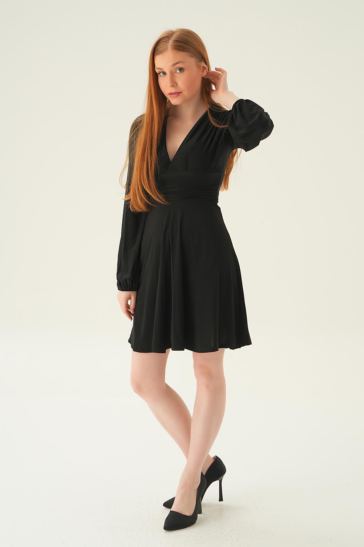 Siyah Kruvaze Yaka Kolları Büzgülü Elbise 3061 - 2