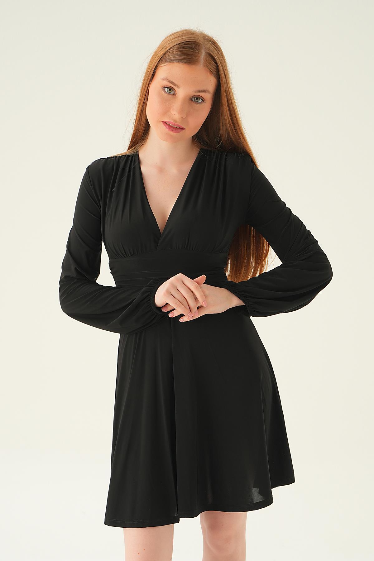 Siyah Kruvaze Yaka Kolları Büzgülü Elbise 3061 - 3