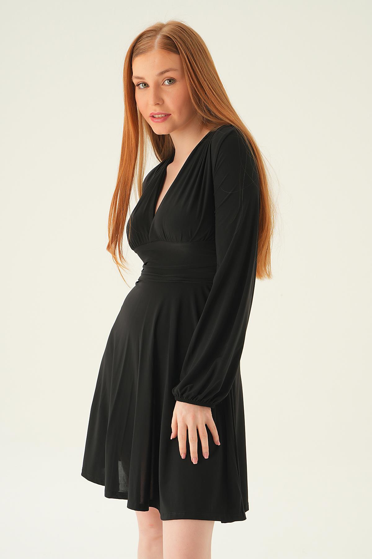 Siyah Kruvaze Yaka Kolları Büzgülü Elbise 3061 - 4