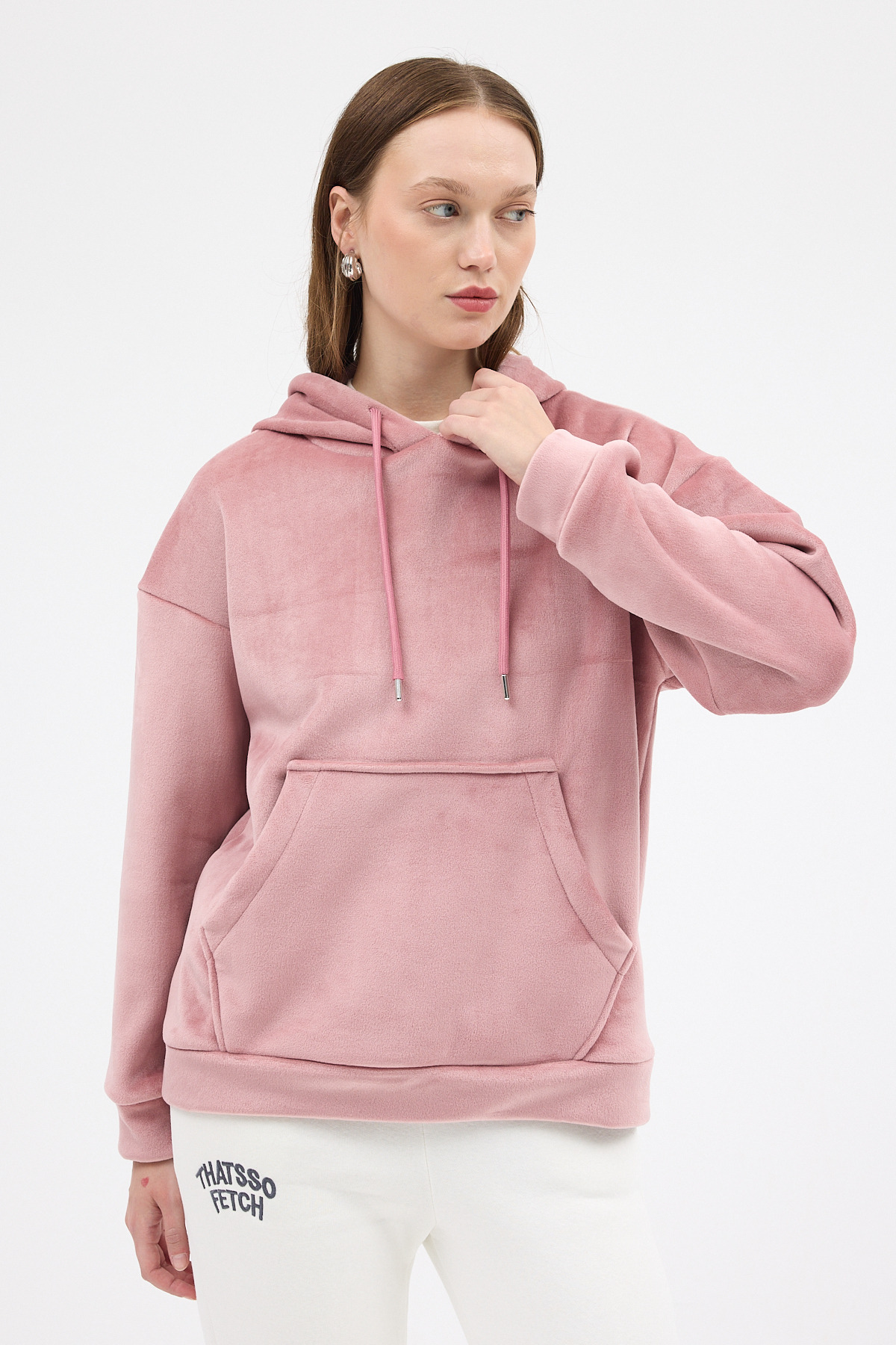 Pembe Kadın Peluş Kanguru Cepli Kapüşonlu Sweatshirt 3061A - 1