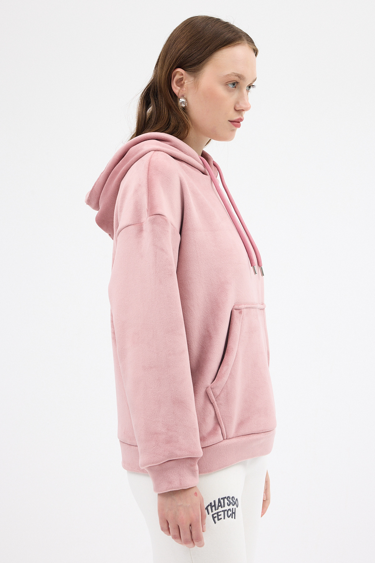 Pembe Kadın Peluş Kanguru Cepli Kapüşonlu Sweatshirt 3061A - 2