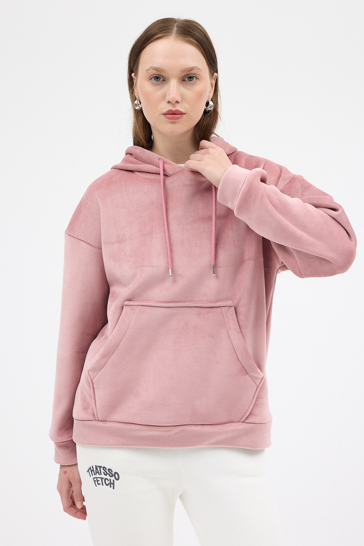 Pembe Kadın Peluş Kanguru Cepli Kapüşonlu Sweatshirt 3061A - 8