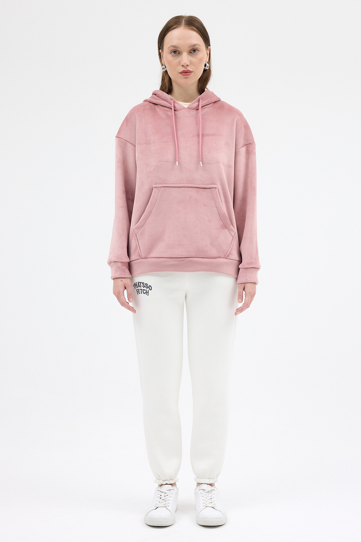 Pembe Kadın Peluş Kanguru Cepli Kapüşonlu Sweatshirt 3061A - 3