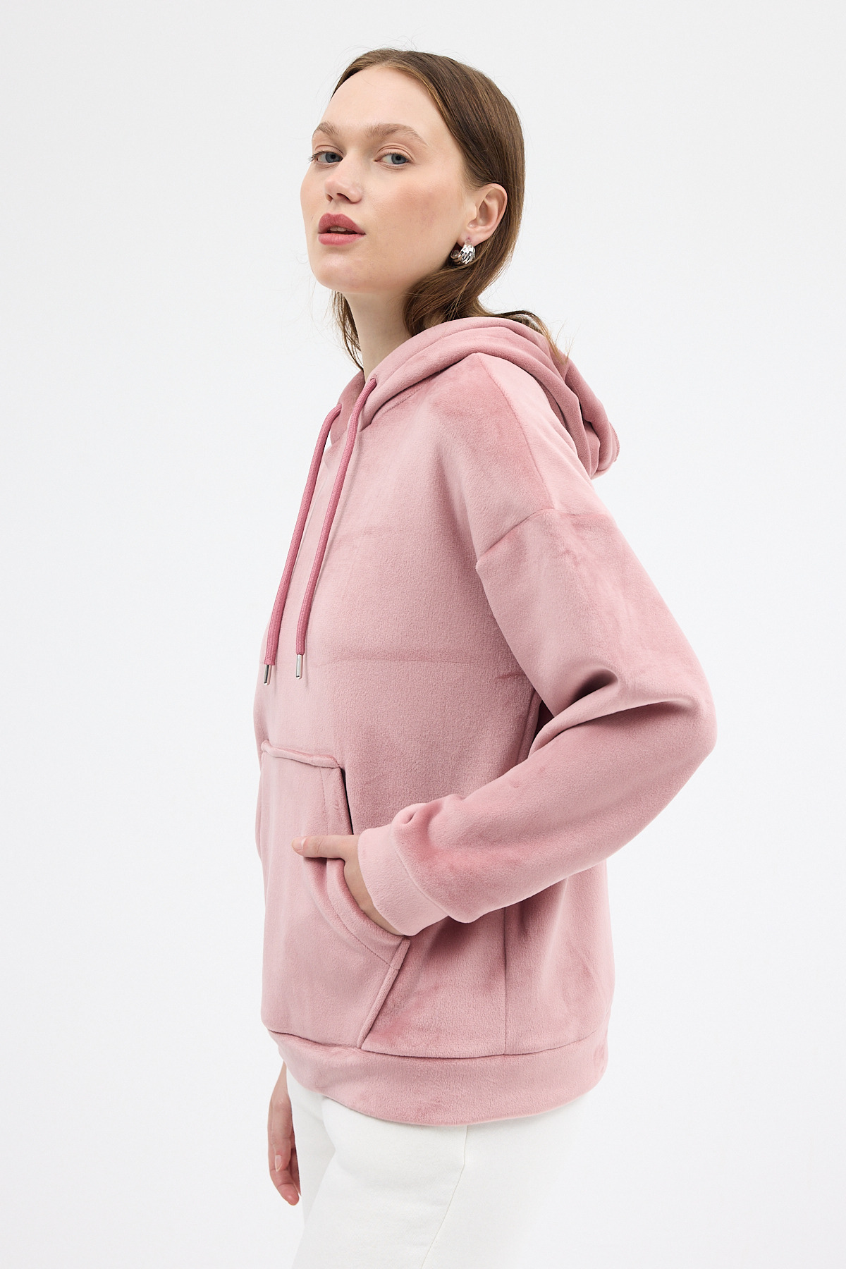 Pembe Kadın Peluş Kanguru Cepli Kapüşonlu Sweatshirt 3061A - 6