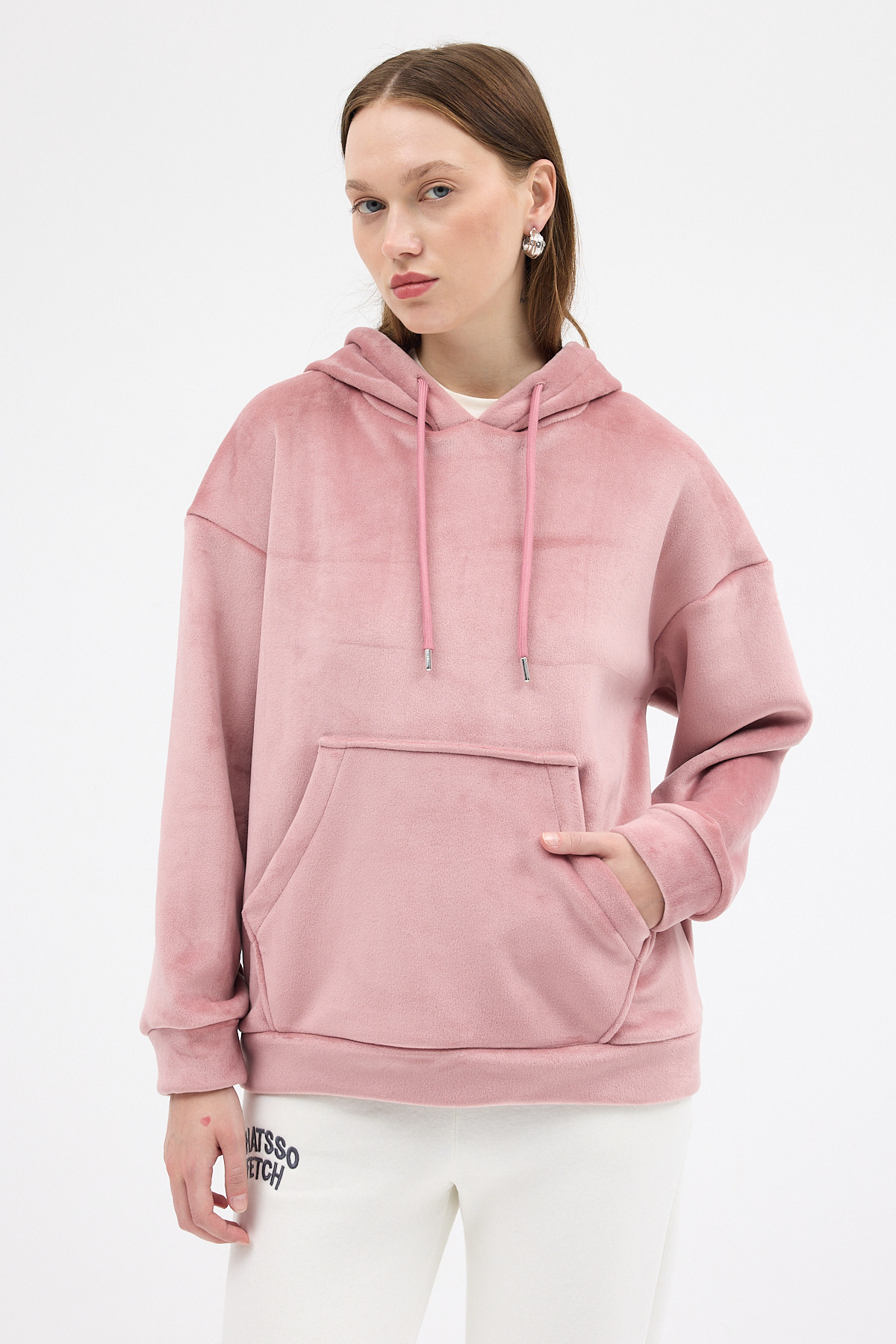 Pembe Kadın Peluş Kanguru Cepli Kapüşonlu Sweatshirt 3061A - 7