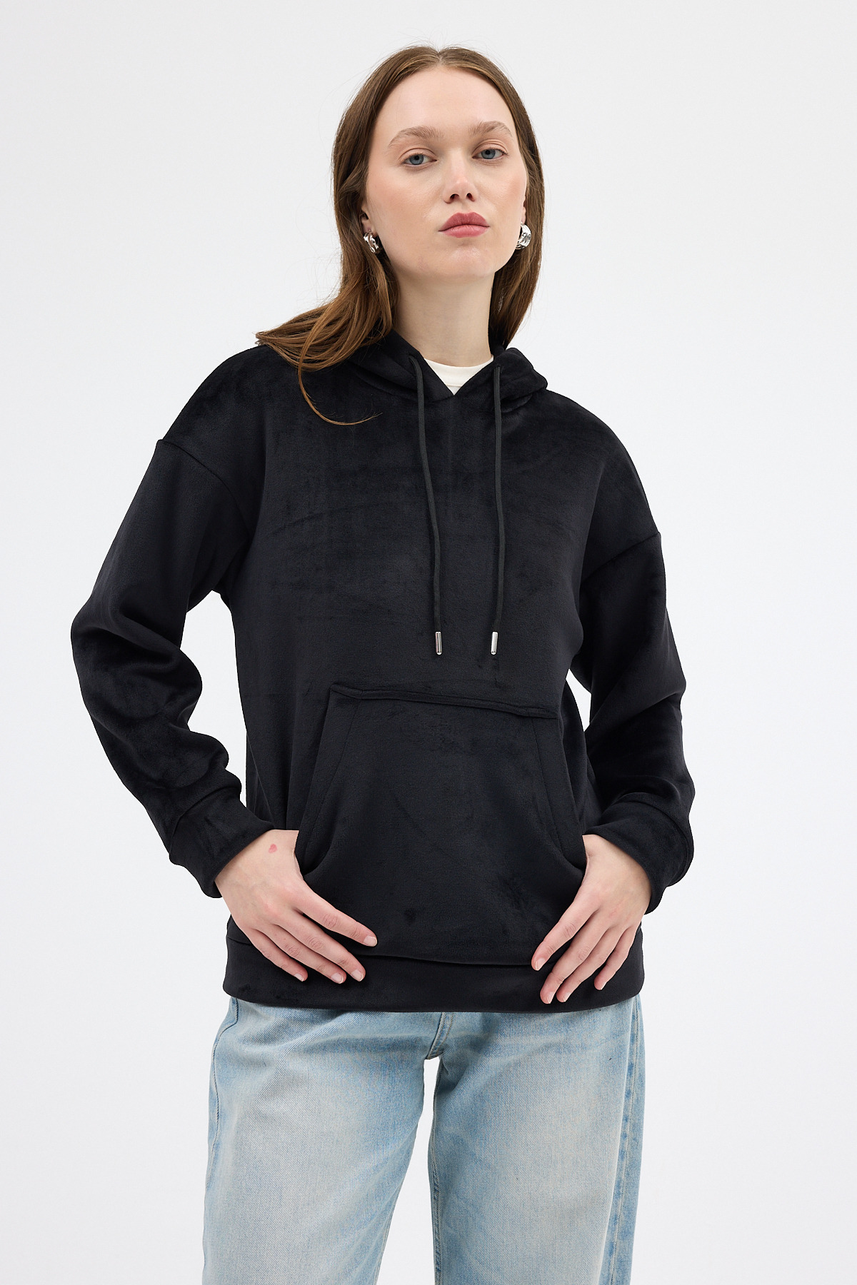 Siyah Kadın Peluş Kanguru Cepli Kapüşonlu Sweatshirt 3061A - 6