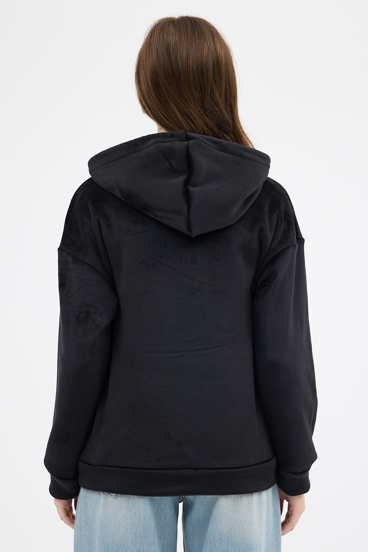 Siyah Kadın Peluş Kanguru Cepli Kapüşonlu Sweatshirt 3061A - 5