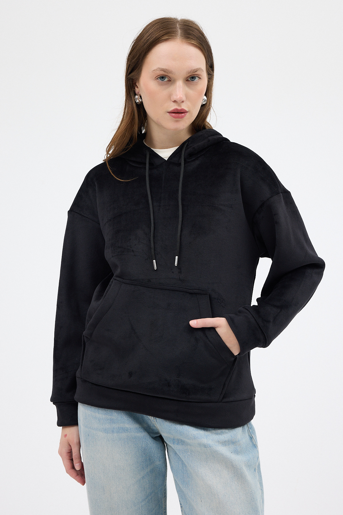 Siyah Kadın Peluş Kanguru Cepli Kapüşonlu Sweatshirt 3061A - 7