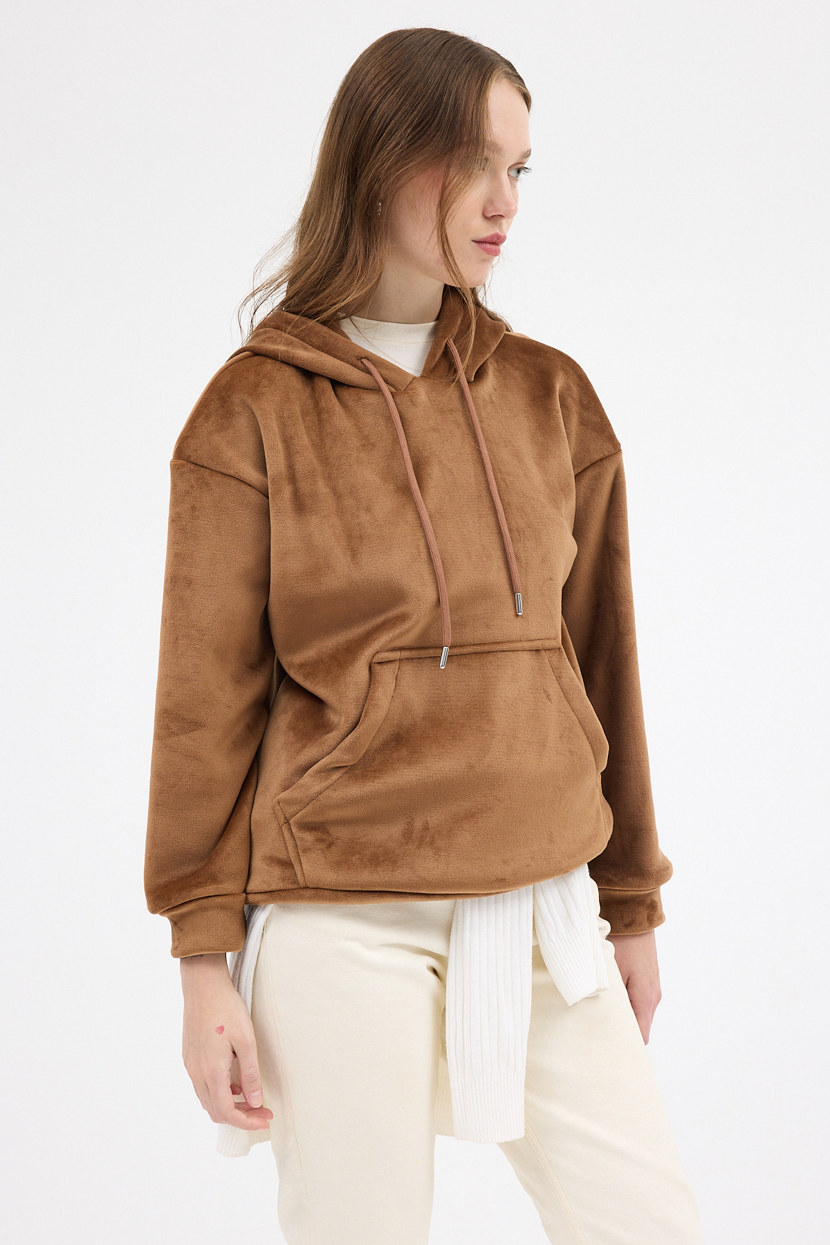 Taba Kadın Peluş Kanguru Cepli Kapüşonlu Sweatshirt 3061A - RAYS