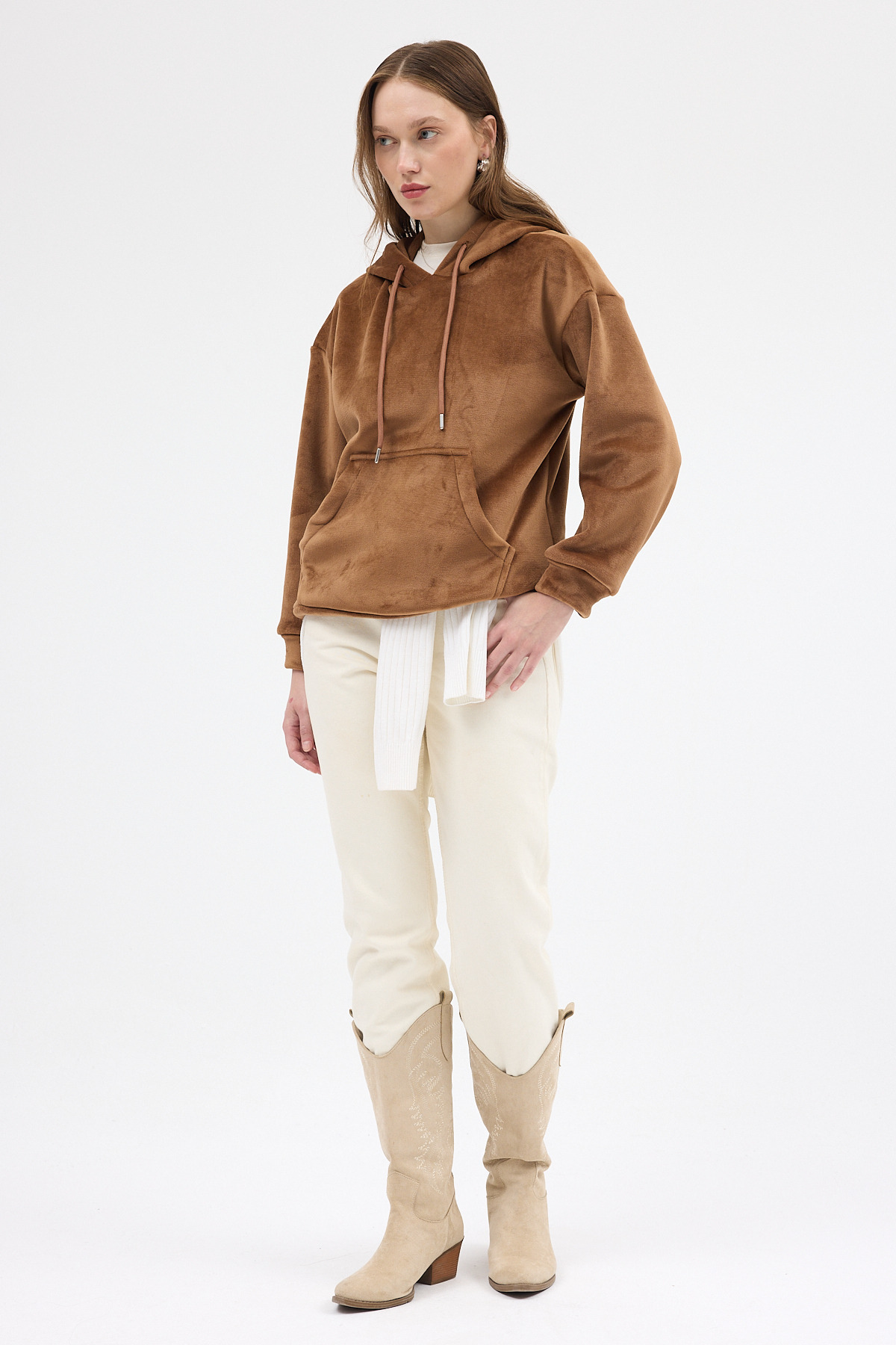 Taba Kadın Peluş Kanguru Cepli Kapüşonlu Sweatshirt 3061A - RAYS