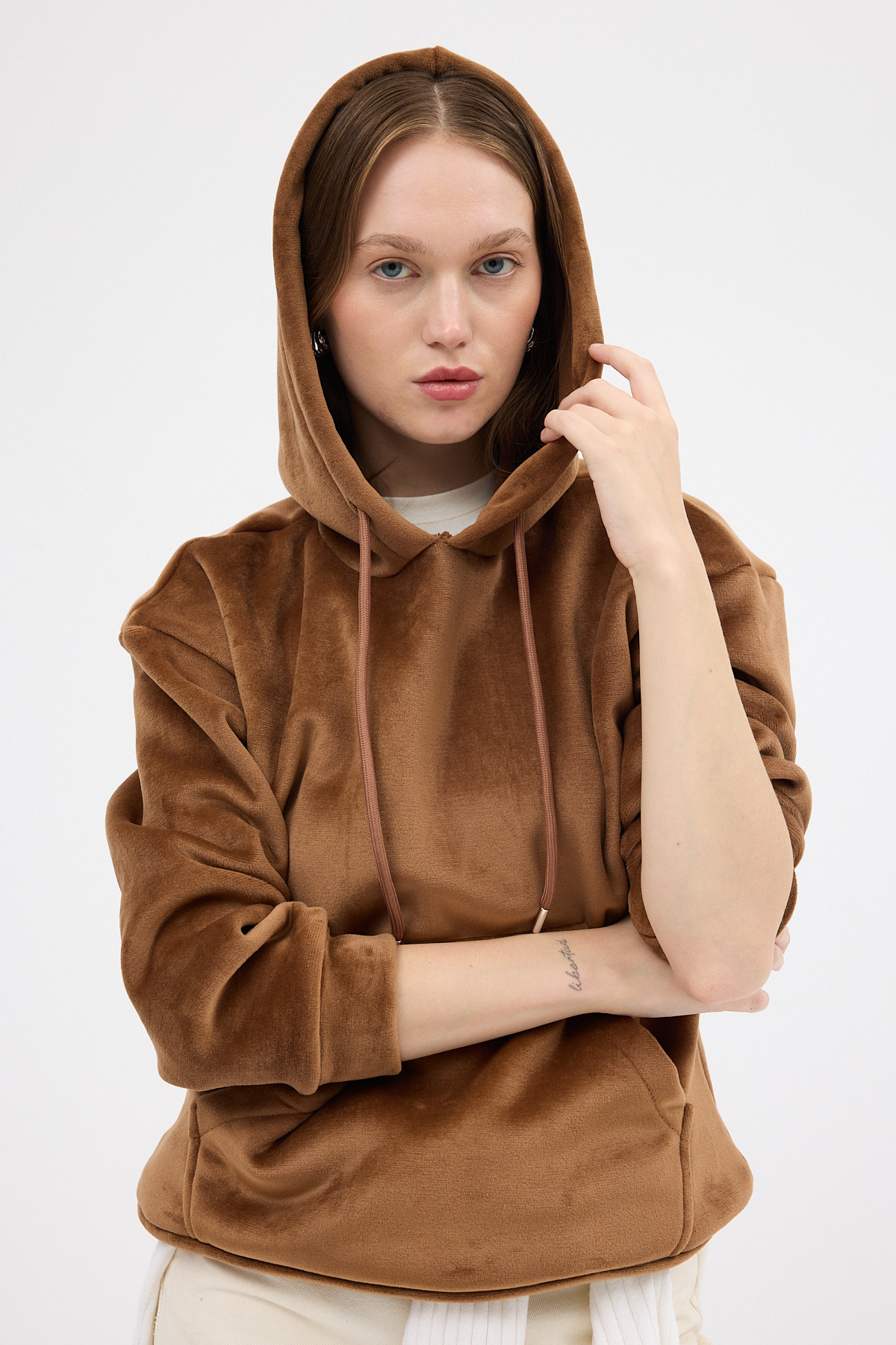 Taba Kadın Peluş Kanguru Cepli Kapüşonlu Sweatshirt 3061A - 6