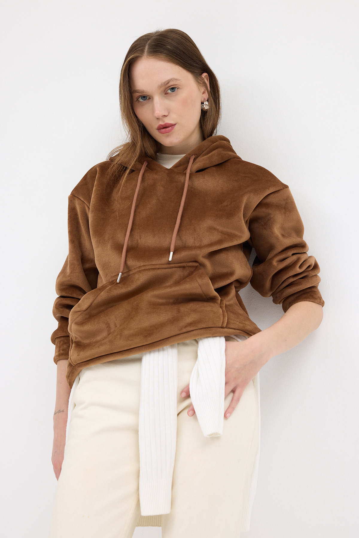 Taba Kadın Peluş Kanguru Cepli Kapüşonlu Sweatshirt 3061A - 7