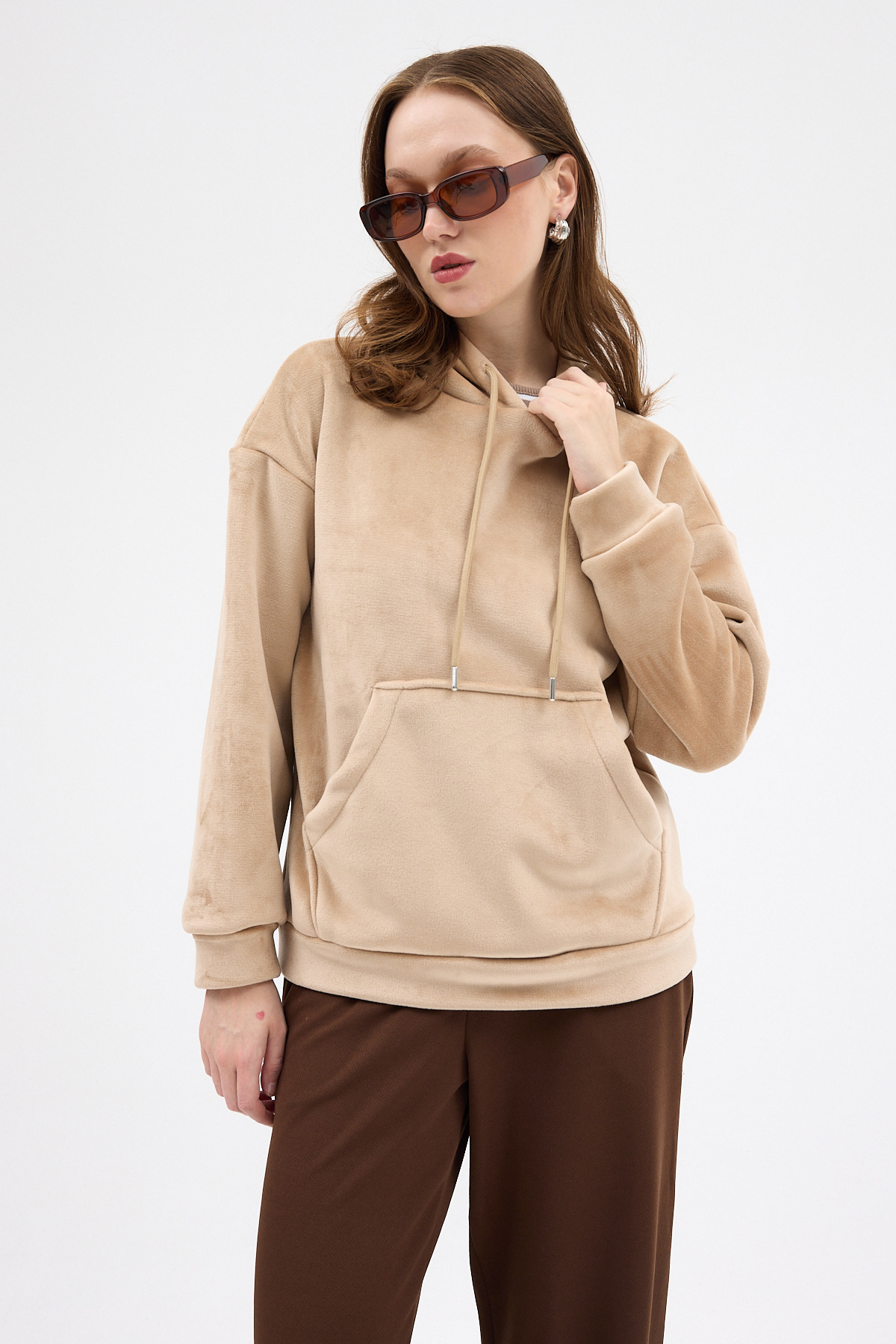 Vizon Kadın Peluş Kanguru Cepli Kapüşonlu Sweatshirt 3061A - 1