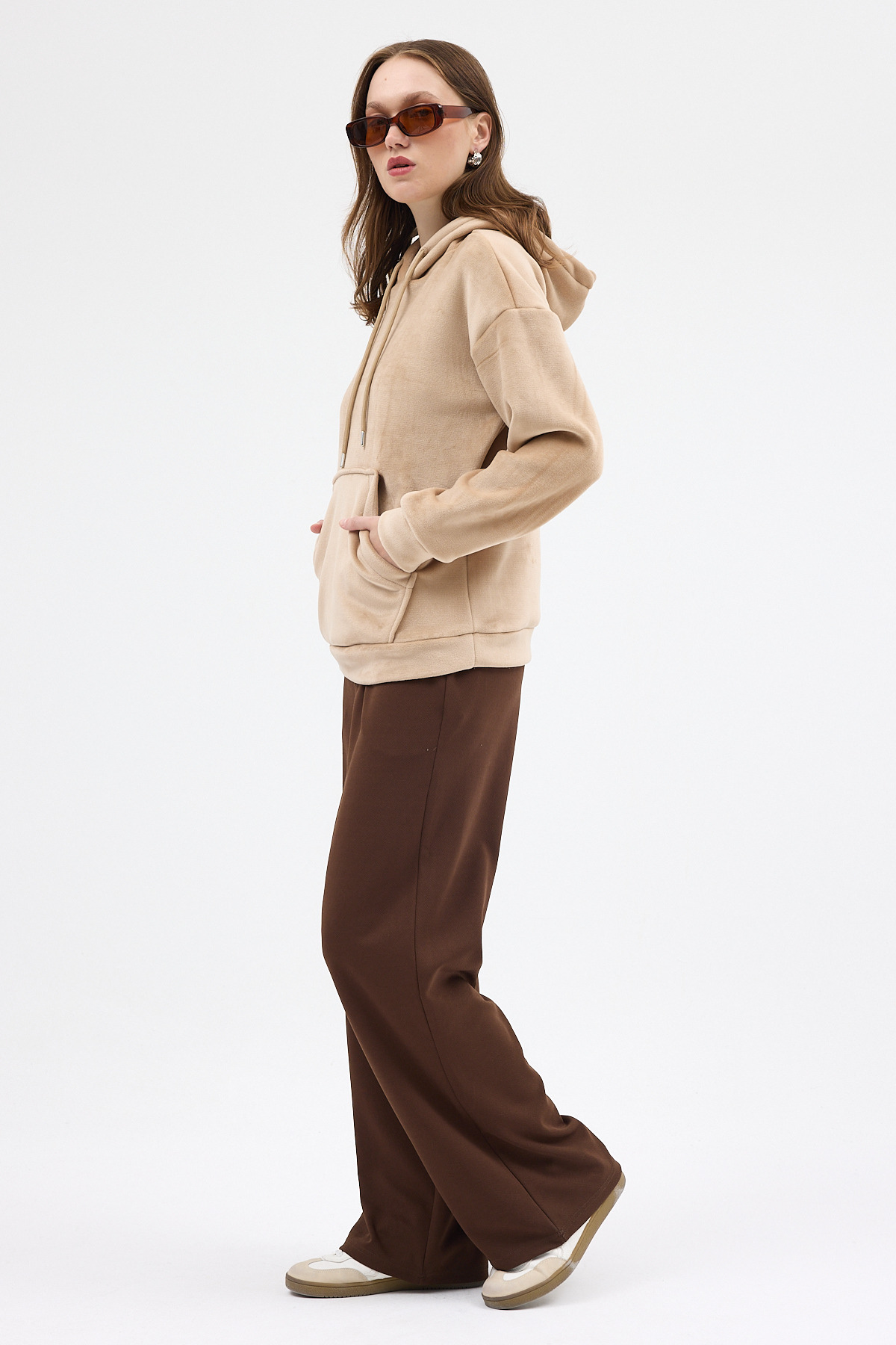 Vizon Kadın Peluş Kanguru Cepli Kapüşonlu Sweatshirt 3061A - 3