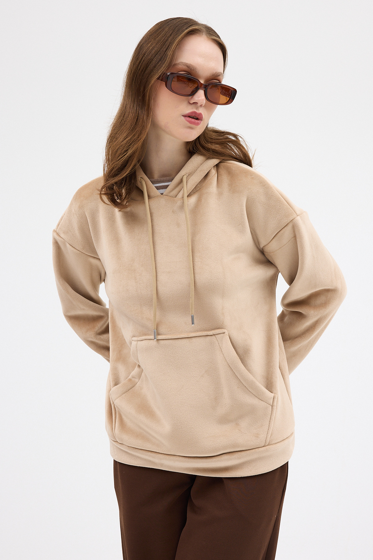 Vizon Kadın Peluş Kanguru Cepli Kapüşonlu Sweatshirt 3061A - 7