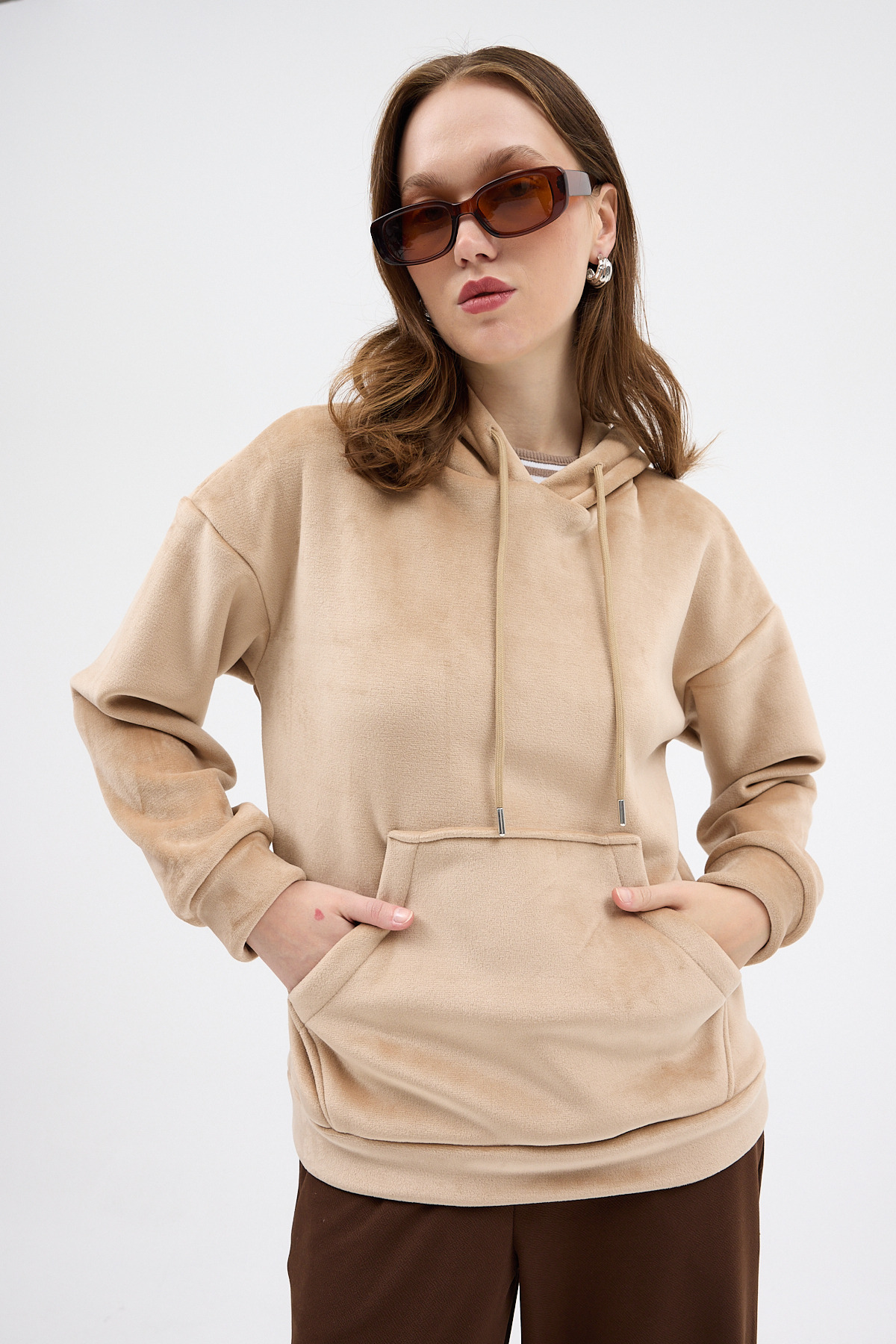 Vizon Kadın Peluş Kanguru Cepli Kapüşonlu Sweatshirt 3061A - 6