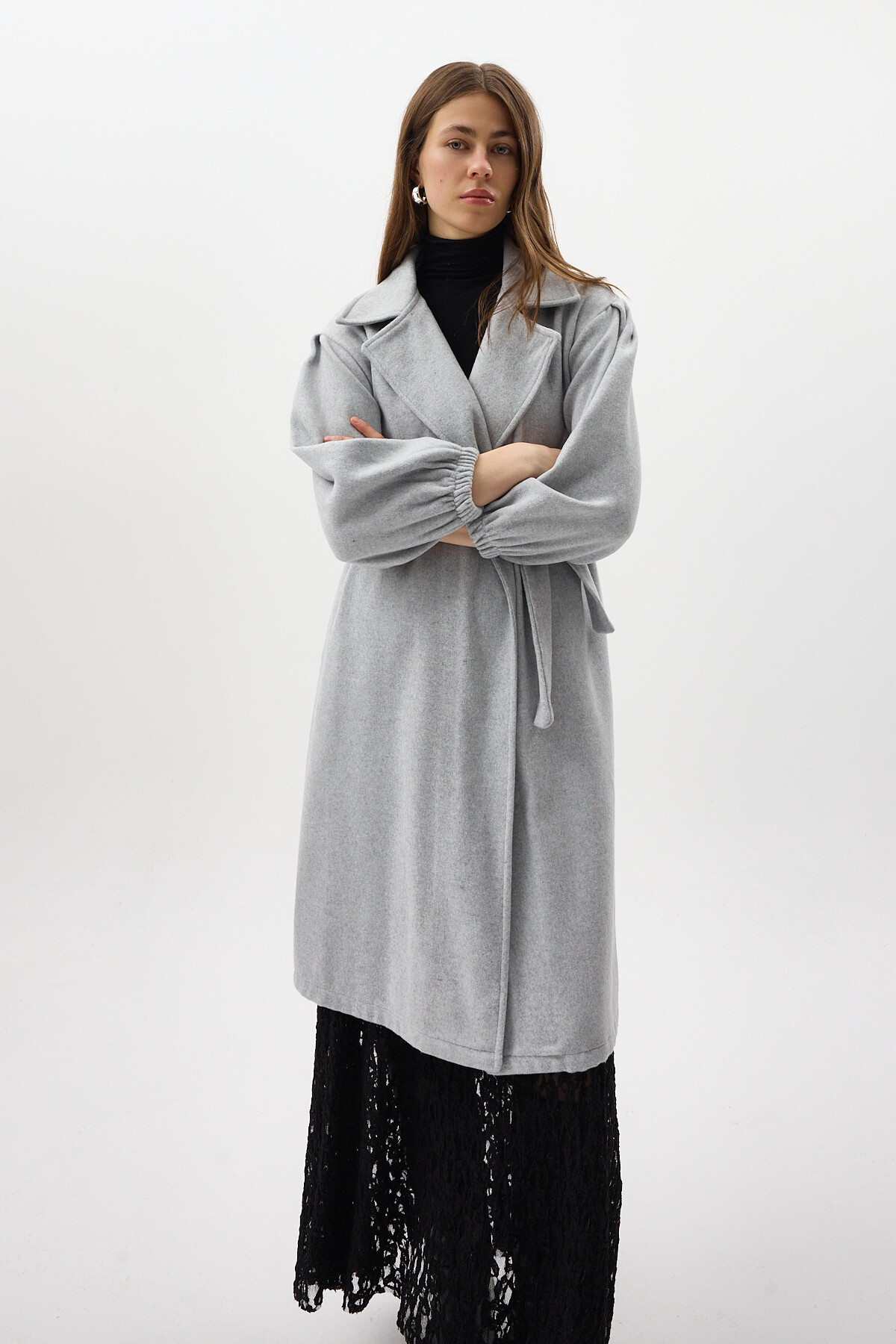 Gri Belden Bağlamalı Uzun Kaşe Kadın Kaban 3062A - 3