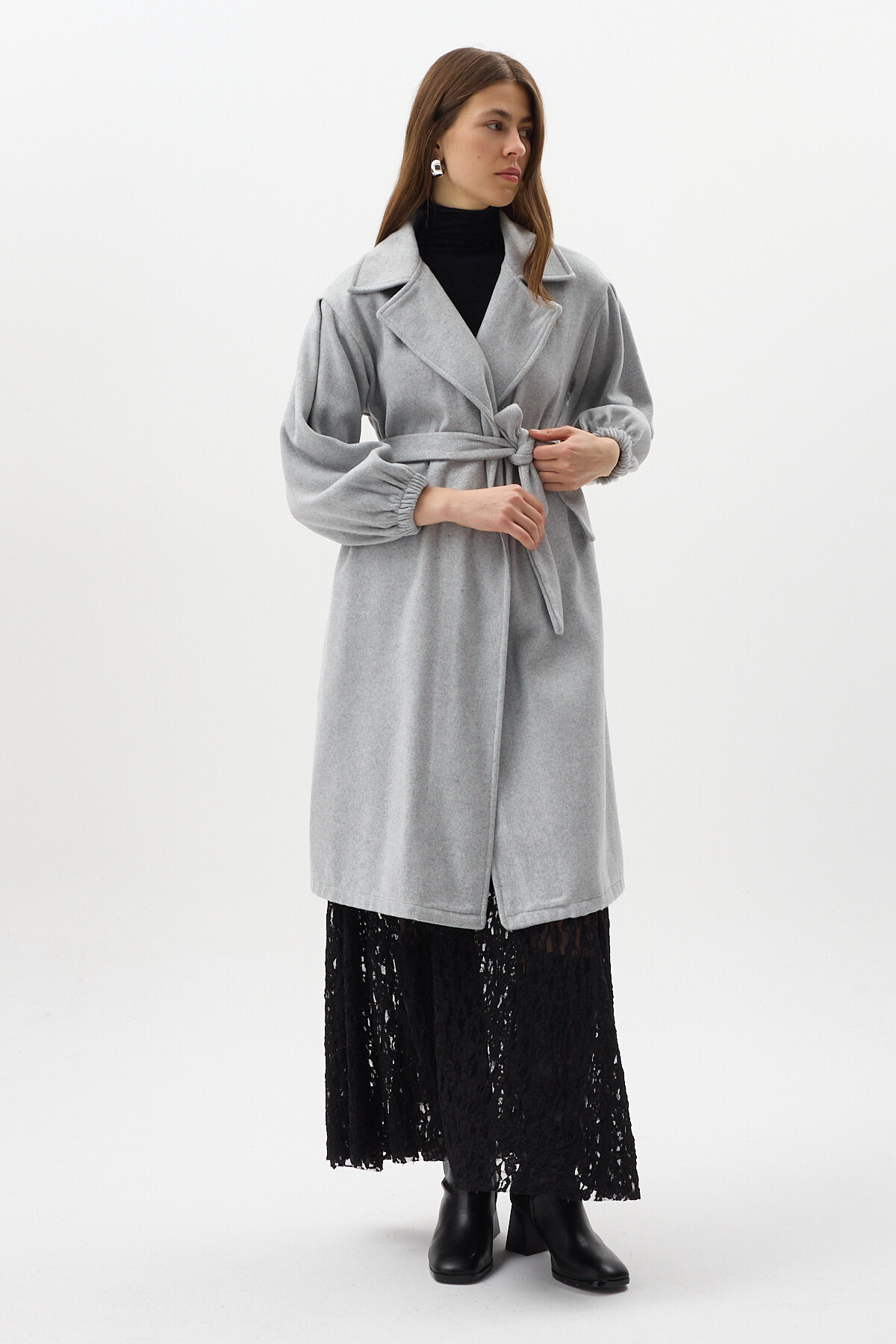 Gri Belden Bağlamalı Uzun Kaşe Kadın Kaban 3062A - 6