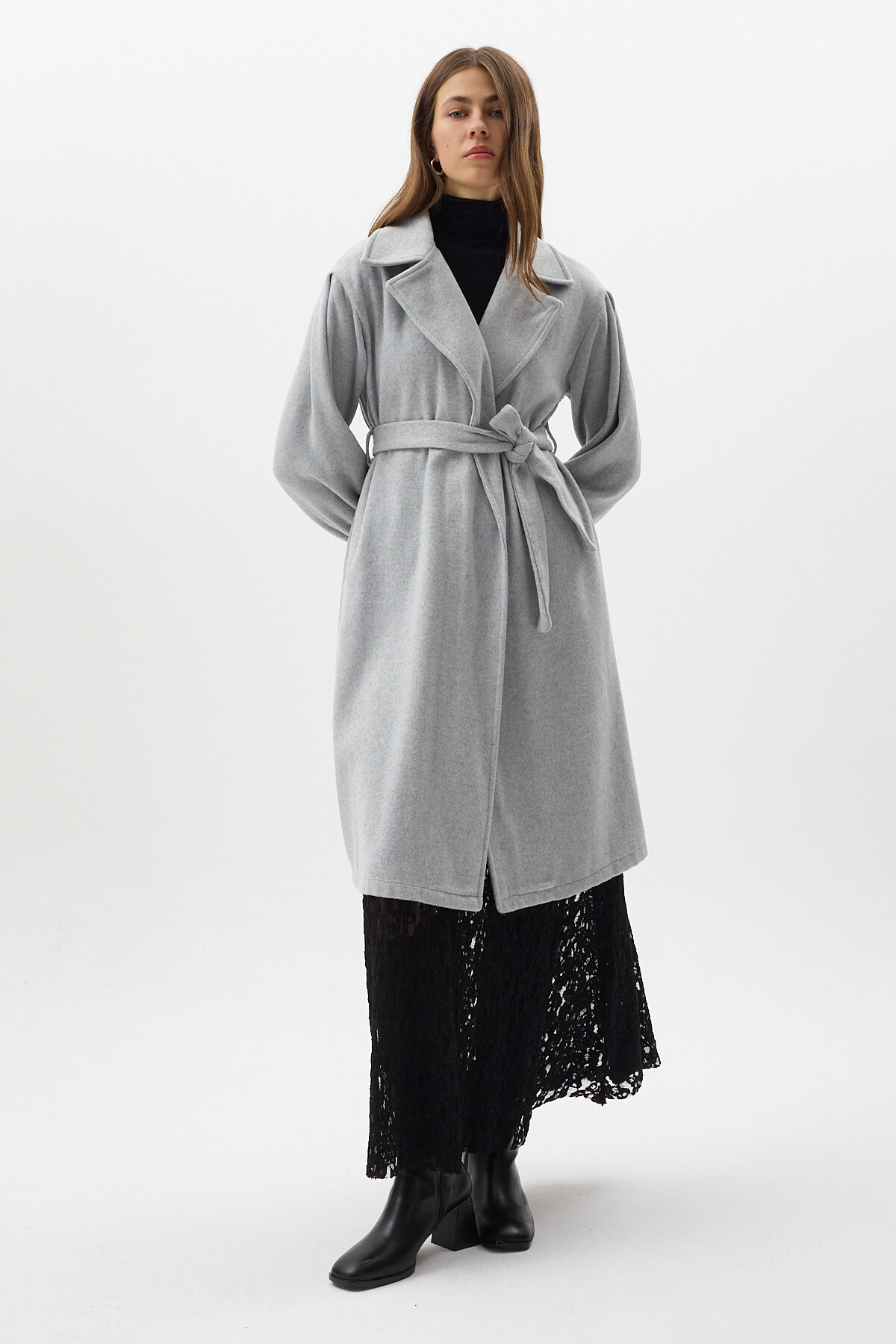 Gri Belden Bağlamalı Uzun Kaşe Kadın Kaban 3062A - 7