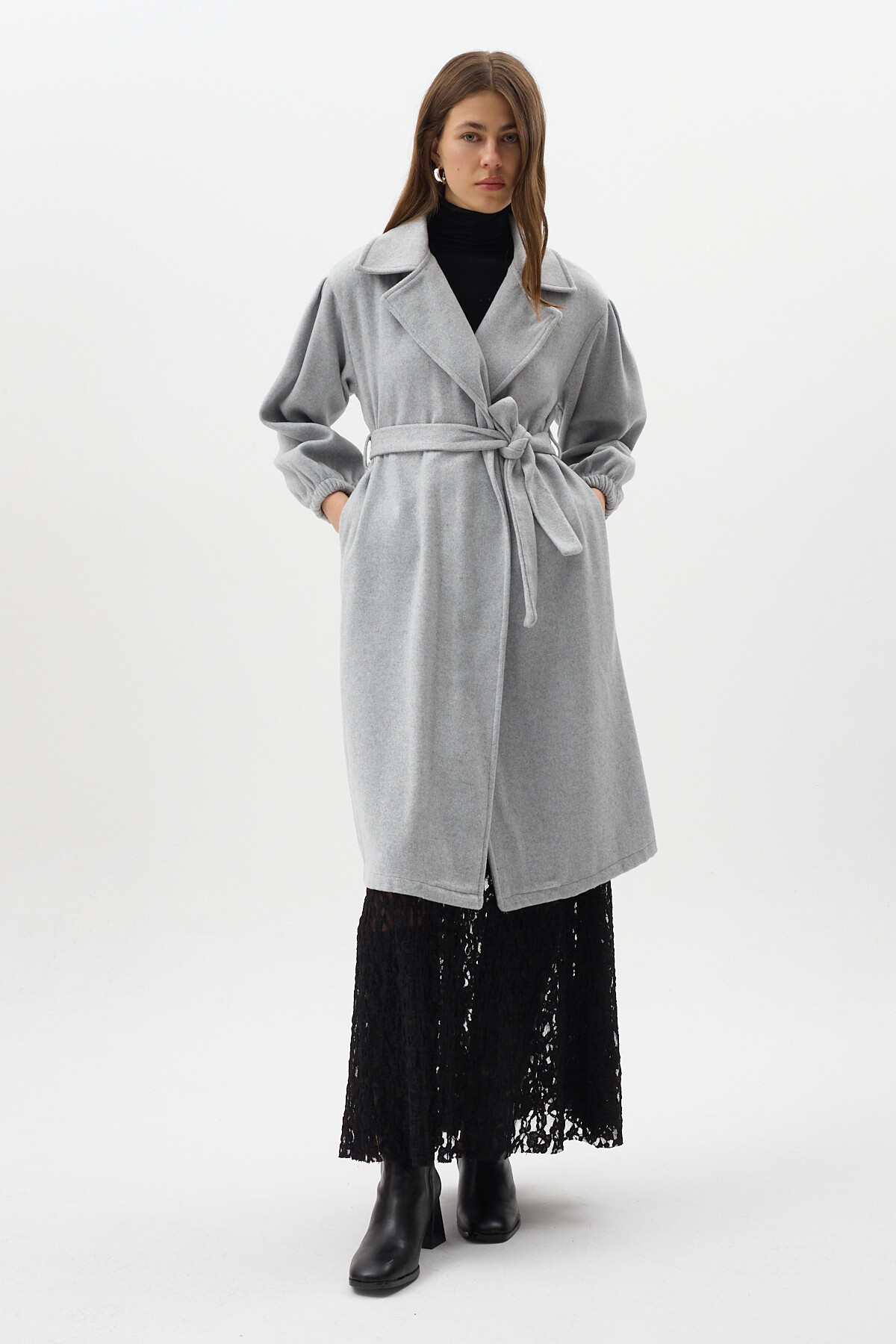 Gri Belden Bağlamalı Uzun Kaşe Kadın Kaban 3062A - RAYS