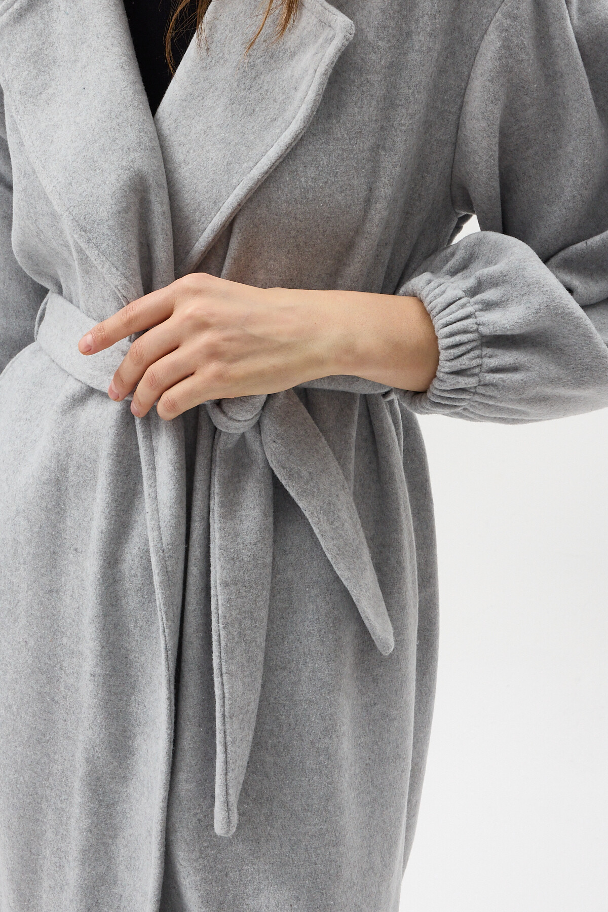 Gri Belden Bağlamalı Uzun Kaşe Kadın Kaban 3062A - 4