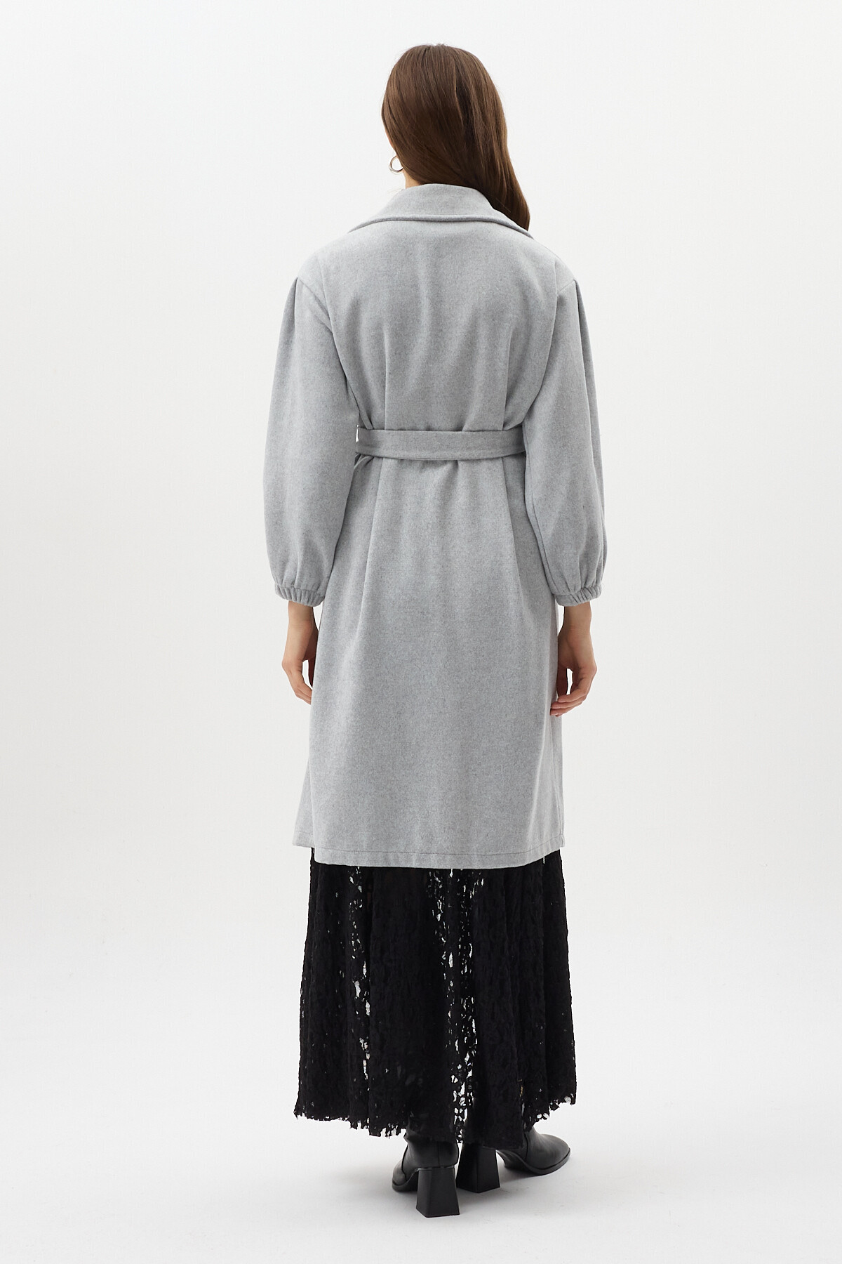 Gri Belden Bağlamalı Uzun Kaşe Kadın Kaban 3062A - 5