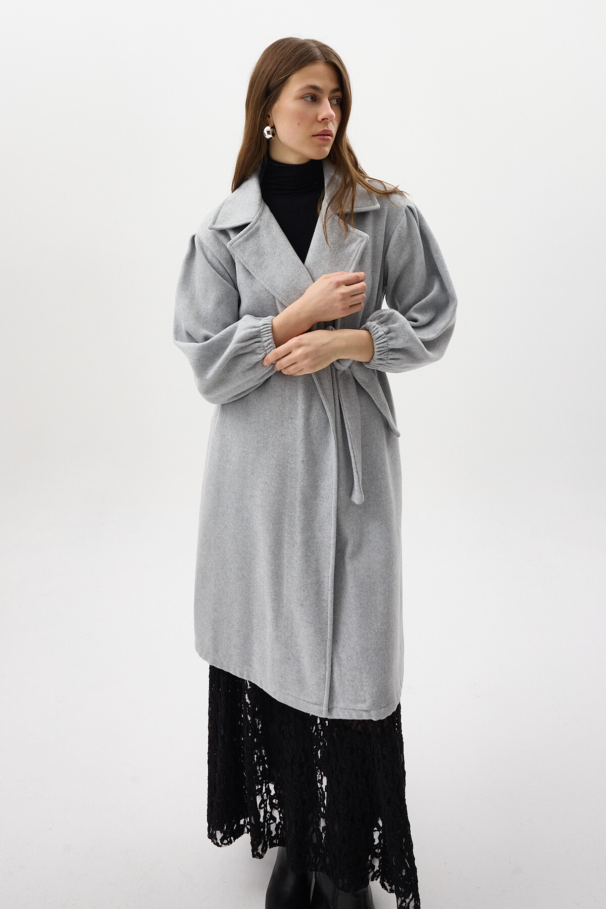 Gri Belden Bağlamalı Uzun Kaşe Kadın Kaban 3062A - RAYS