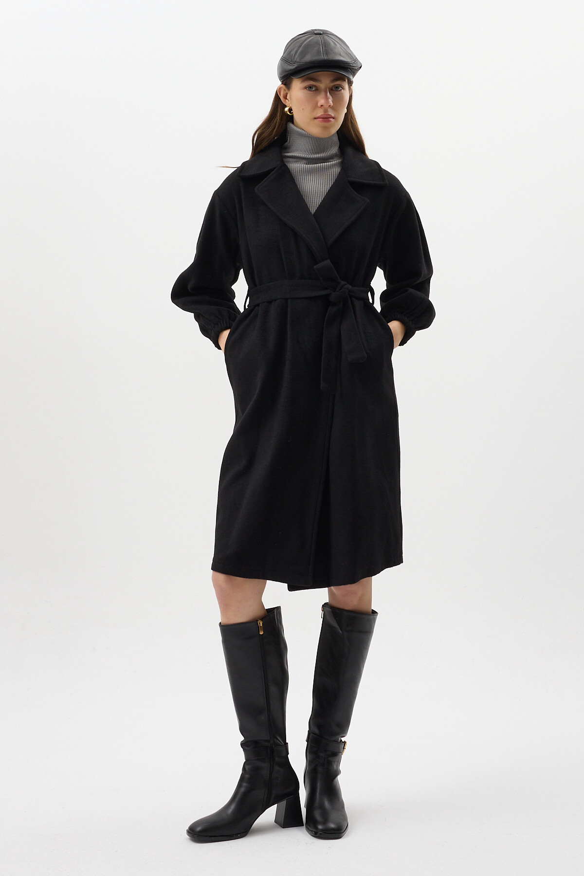 Siyah Belden Bağlamalı Uzun Kaşe Kadın Kaban 3062A - 2