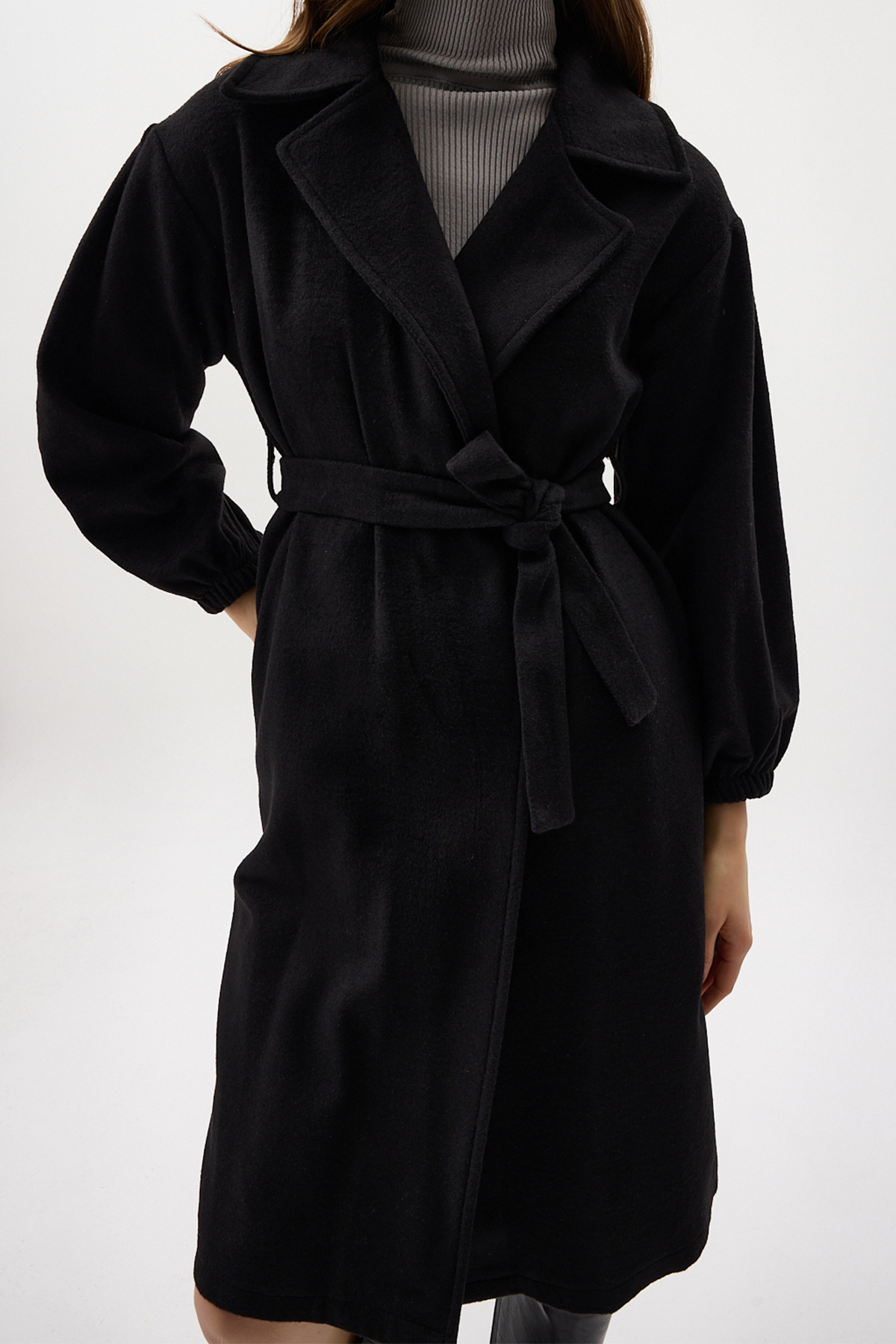 Siyah Belden Bağlamalı Uzun Kaşe Kadın Kaban 3062A - 4