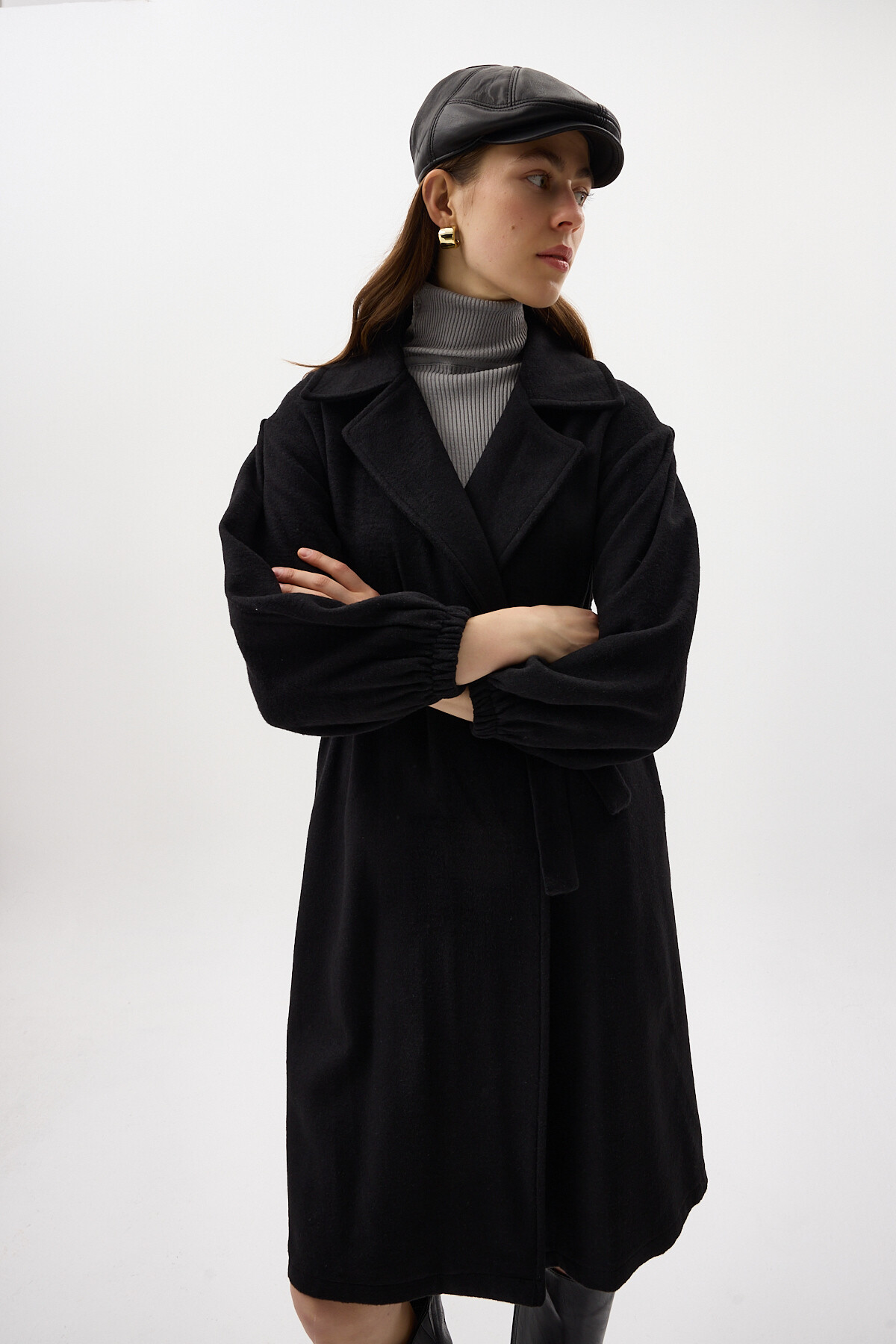 Siyah Belden Bağlamalı Uzun Kaşe Kadın Kaban 3062A - 3